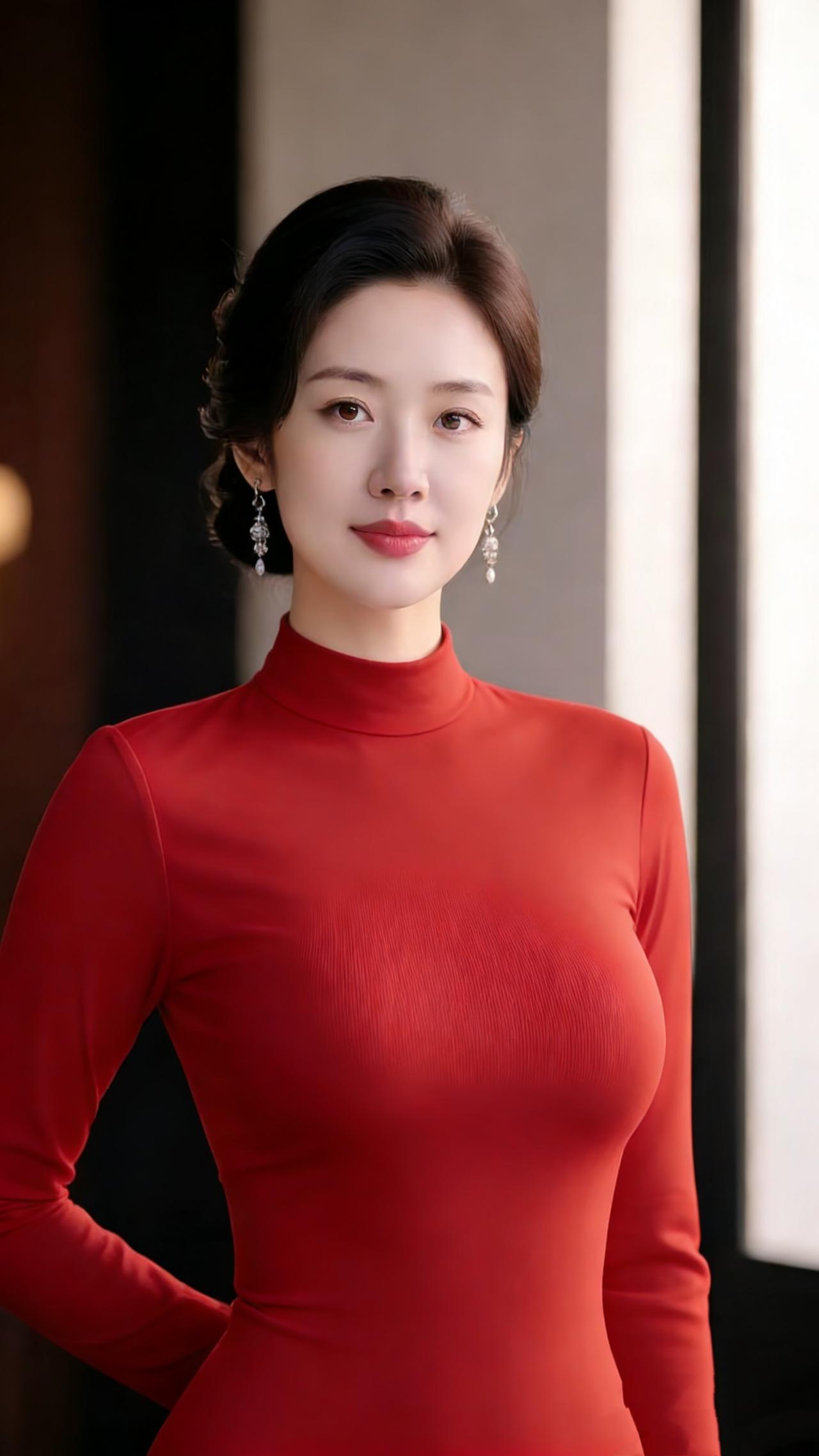 《红衣里的温软人间》她着一身正红立于明暗之间，像把揉碎的日光织进了衣摆。