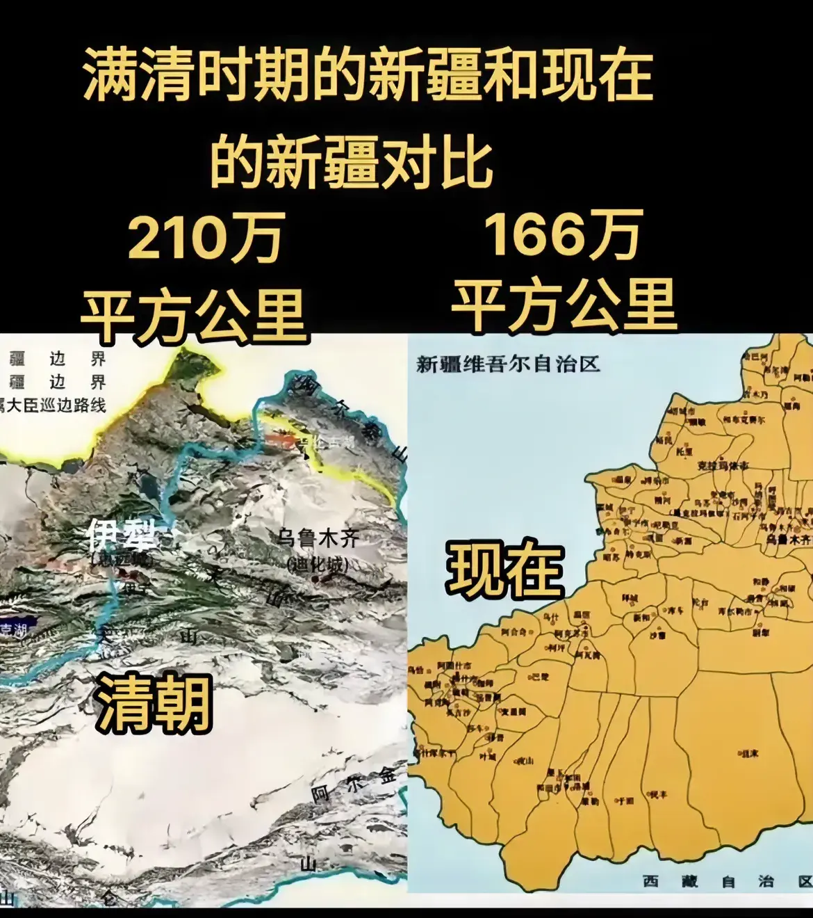 满清时期的新疆vs现在的新疆。