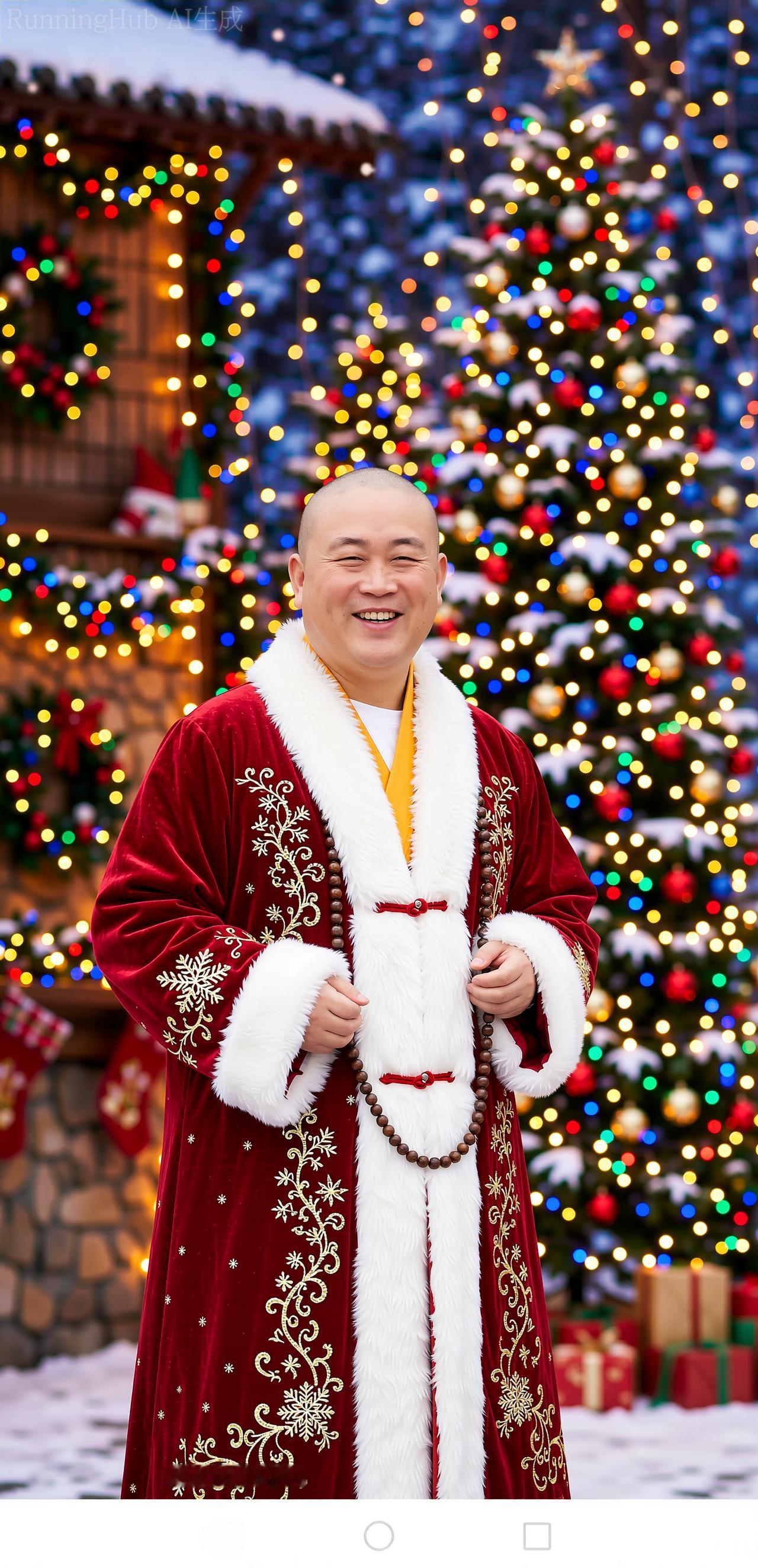 当看到“释永信大哥祝大家圣诞快乐”，这画面还挺有反差感的。释永信是少林寺方丈，在