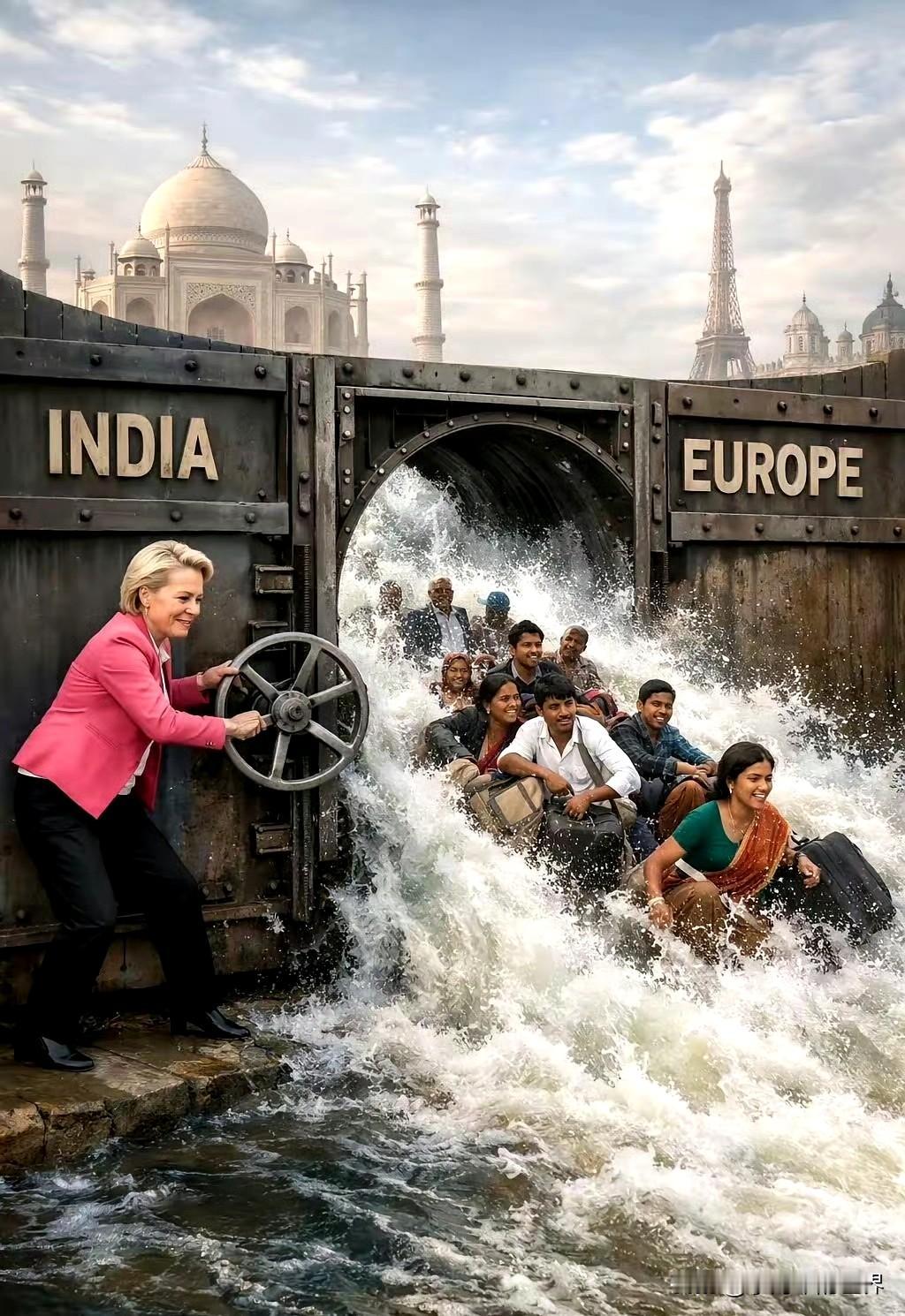 丹麦人拉斯穆森制作AI图讽刺冯德莱恩：她打开了水坝，“大门洞开，洪流正朝你奔涌而