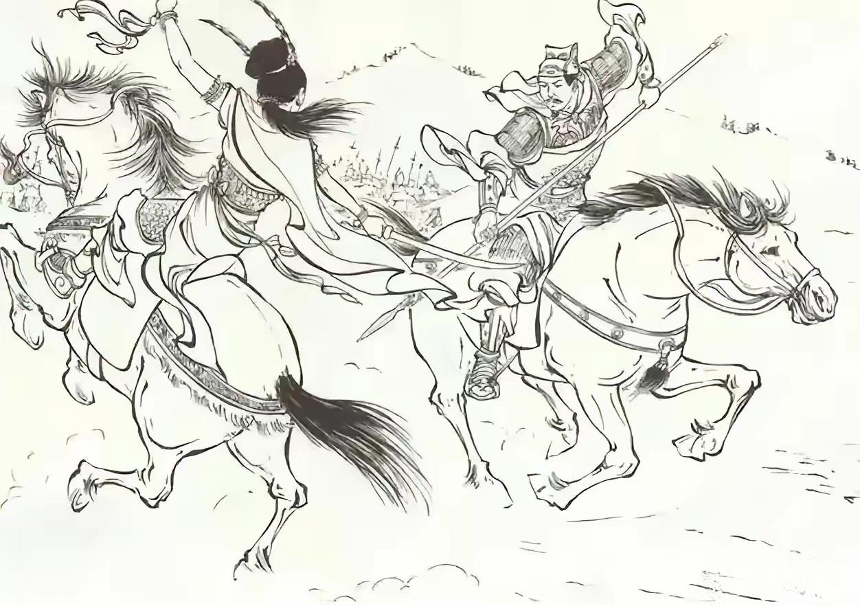 杨文广连挑四将，将要带马回营，突然间辽军中冲出一员女将，头戴亮银盔，身...