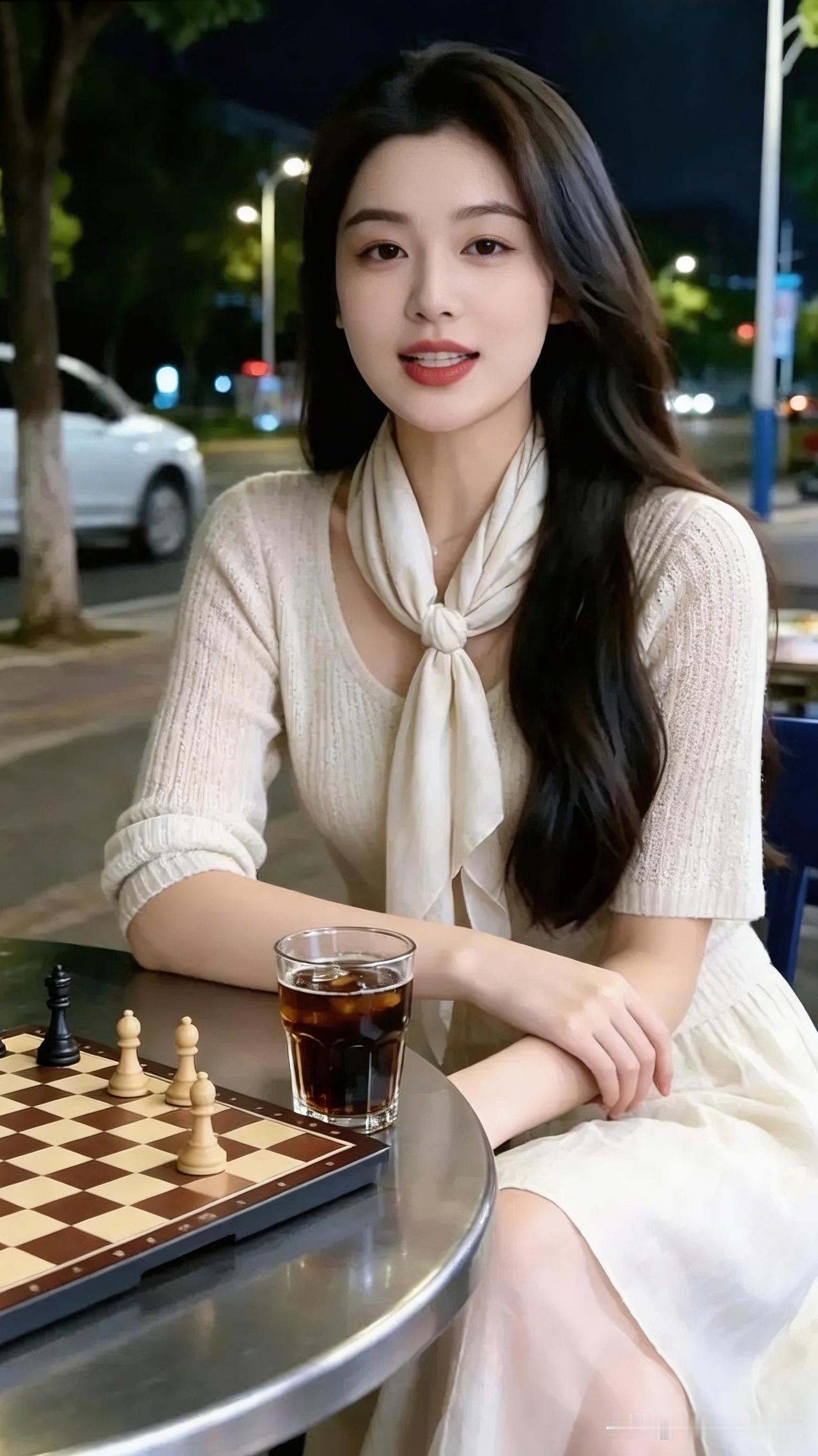 夜晚街头的优雅棋局，静谧中尽显智慧与魅力。