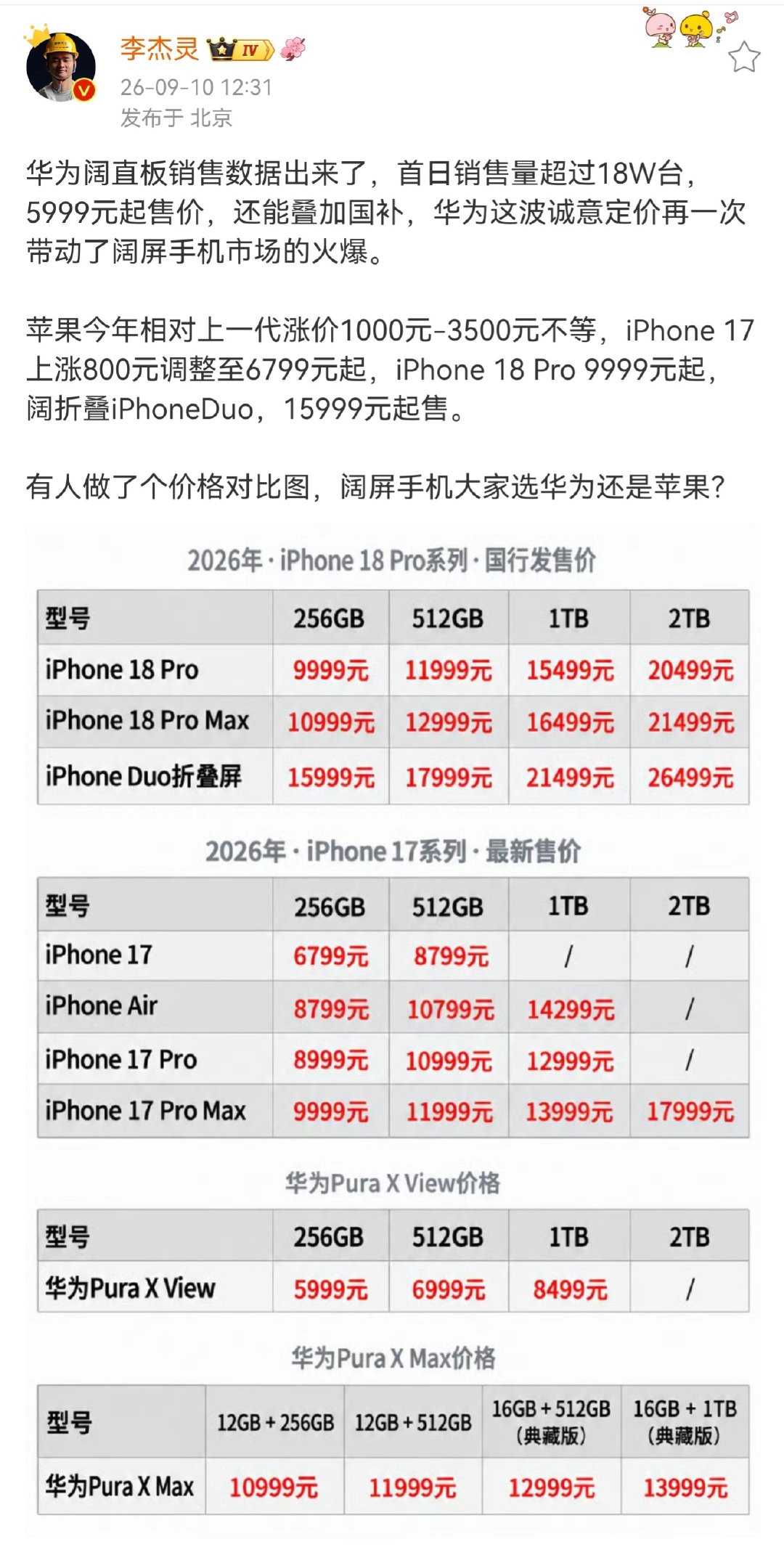 #华为阔直板首日销量破18万#PuraXView首销人气和PuraXMax发货数据放一起看，华为在阔