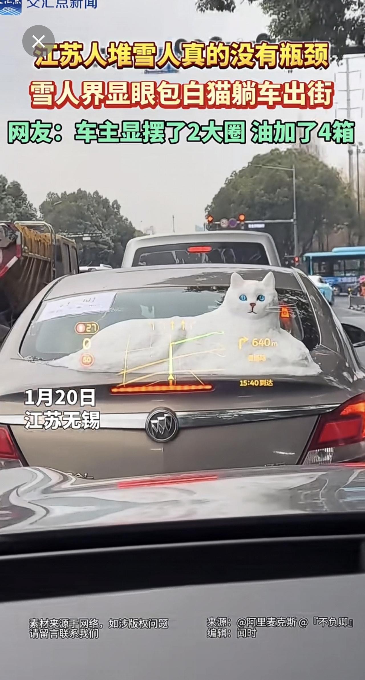 江苏人堆雪人真的没有瓶颈！1月20日，雪后初晴，江苏无锡街头一辆车上“躺着”一只