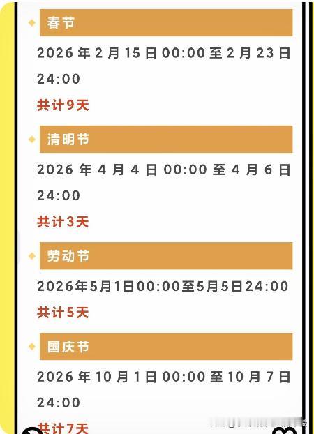 今天看到有人发2026年高速免费日期，说春节九天、清明三天、劳动节五天、国庆节七