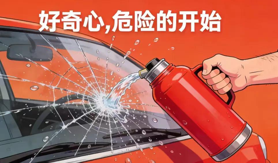 女子测试车辆玻璃耐热极限：当滚烫开水浇向汽车的前挡风玻璃一辆停在路边的黑色轿车