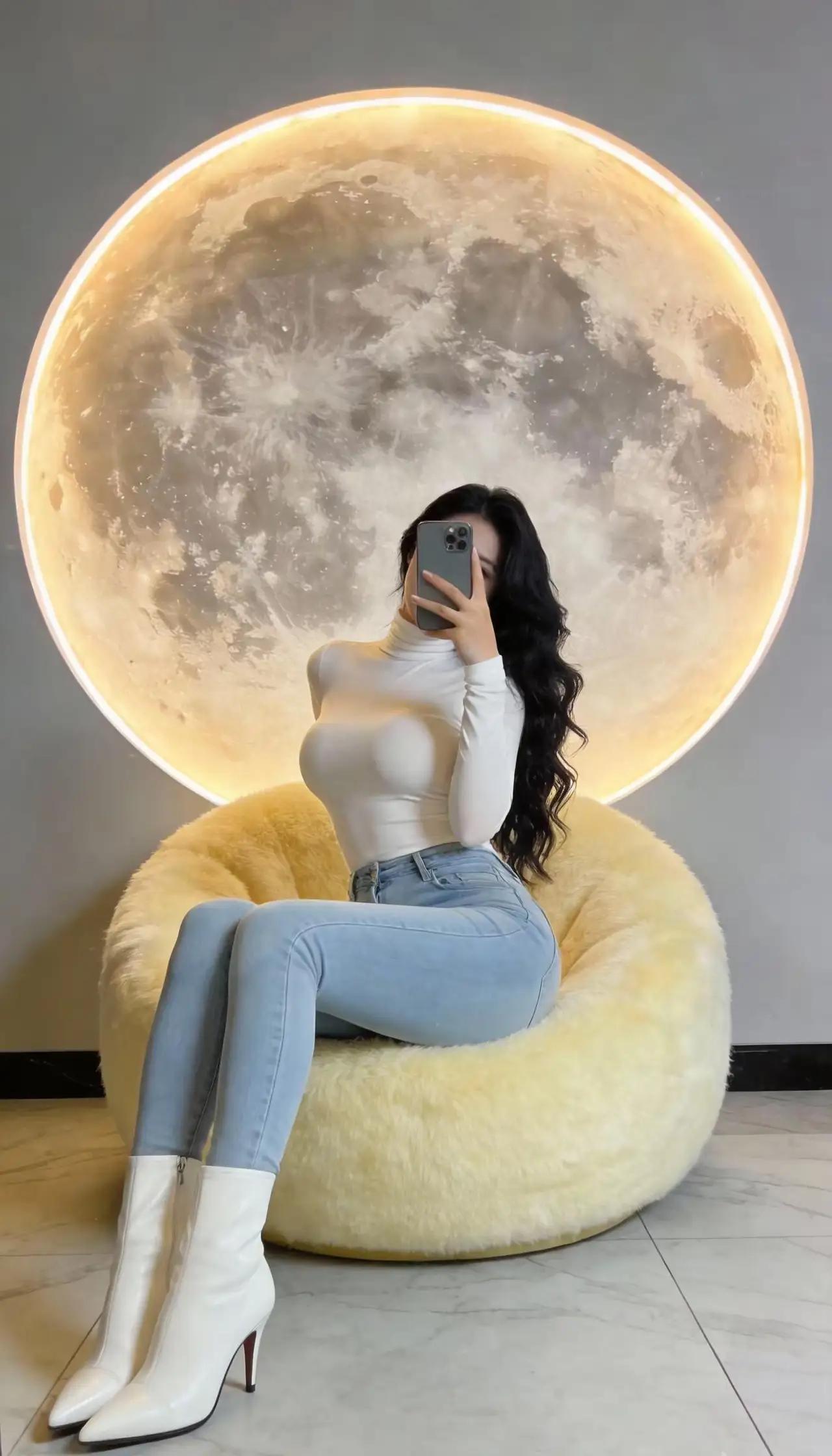 在梦幻的月亮前，优雅自拍，时尚穿搭