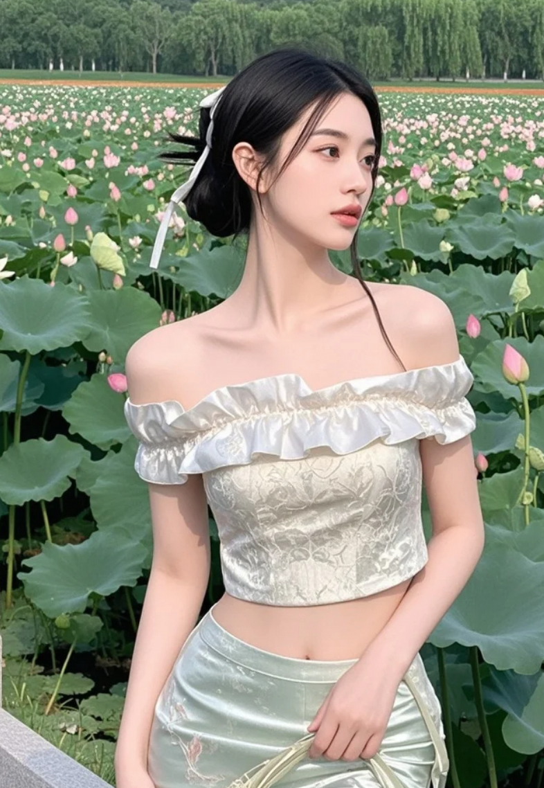 一池荷花，一位佳人，一幅绝美画卷