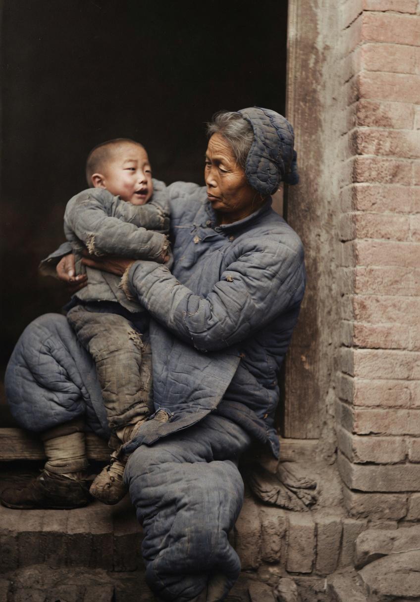 1922年，北京一户穷苦人家母子在自家门洞石阶上，母亲抱着孩子倚坐在石墙上，两人