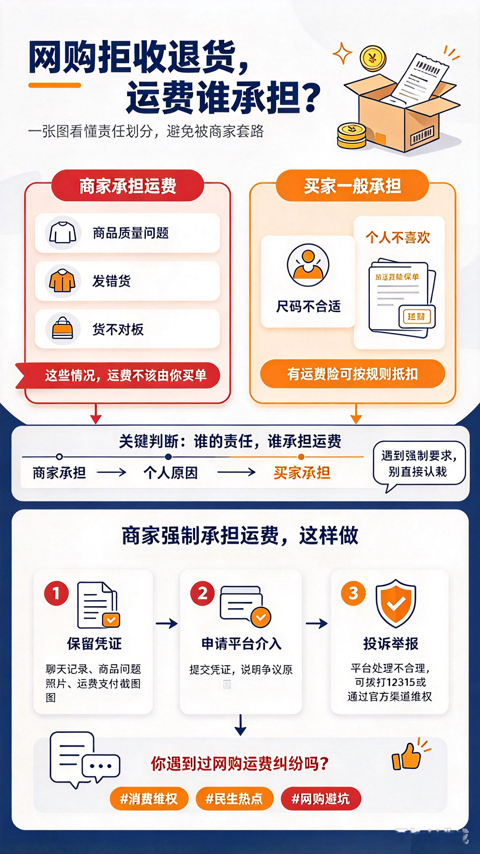 网购商品，拒收退货，运费谁承担？很多人网购踩坑，收到货不满意退货，商家要求买家承担运费。记住这条规则