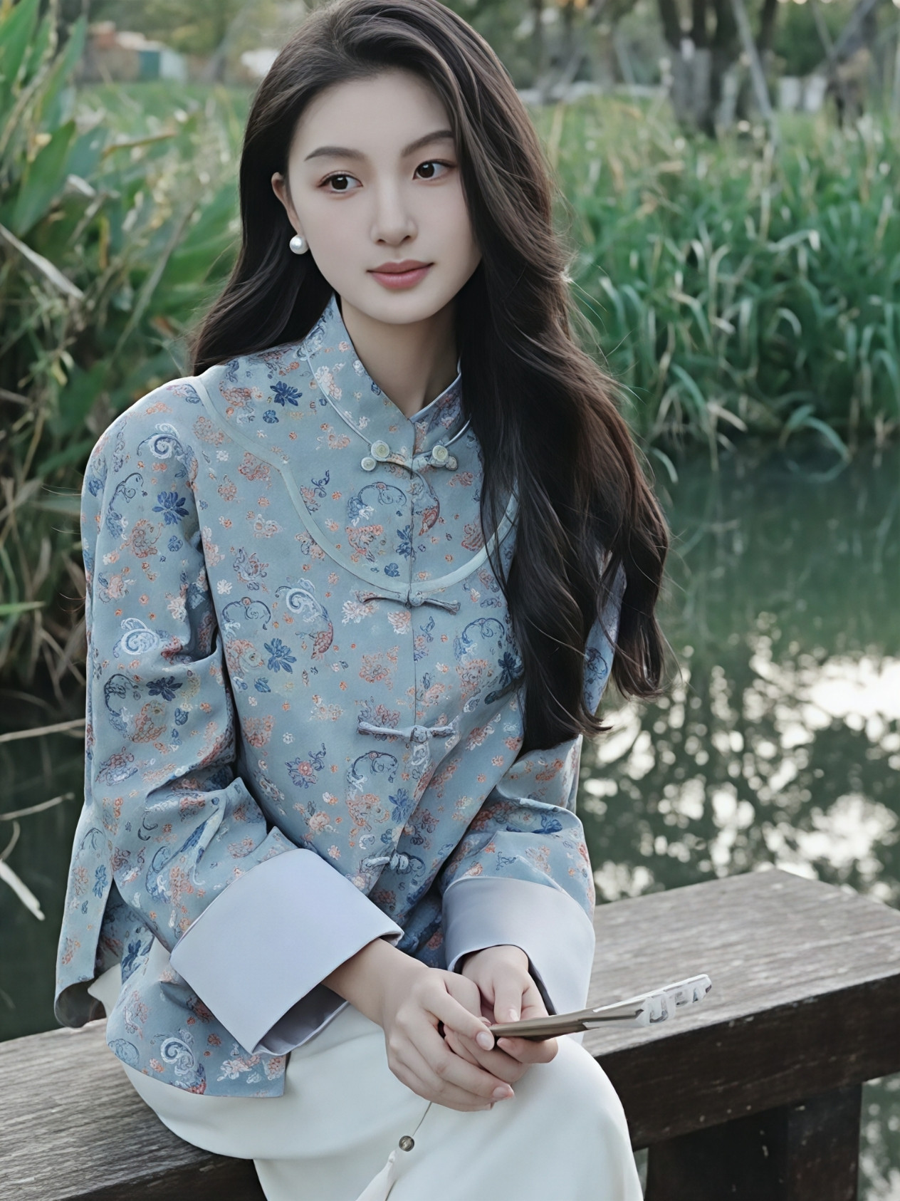 这才是国风美天花板！小姐姐穿宋锦衣一整个温婉住谁懂啊！穿浅蓝宋锦新中...