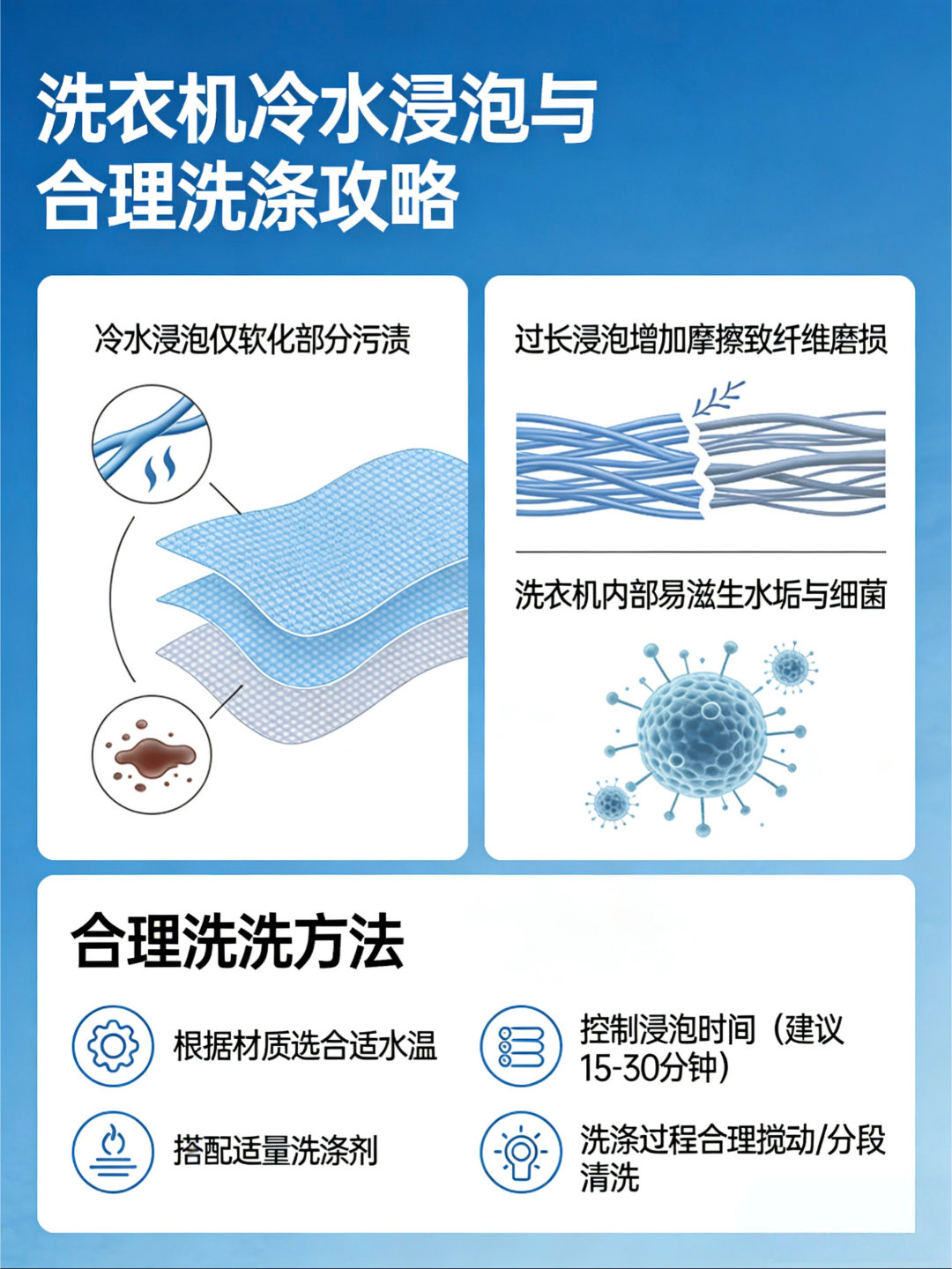 洗衣机在冷水模式下长时间浸泡衣物，并不会让污渍更容易去除。冷水浸泡只能软化部分污