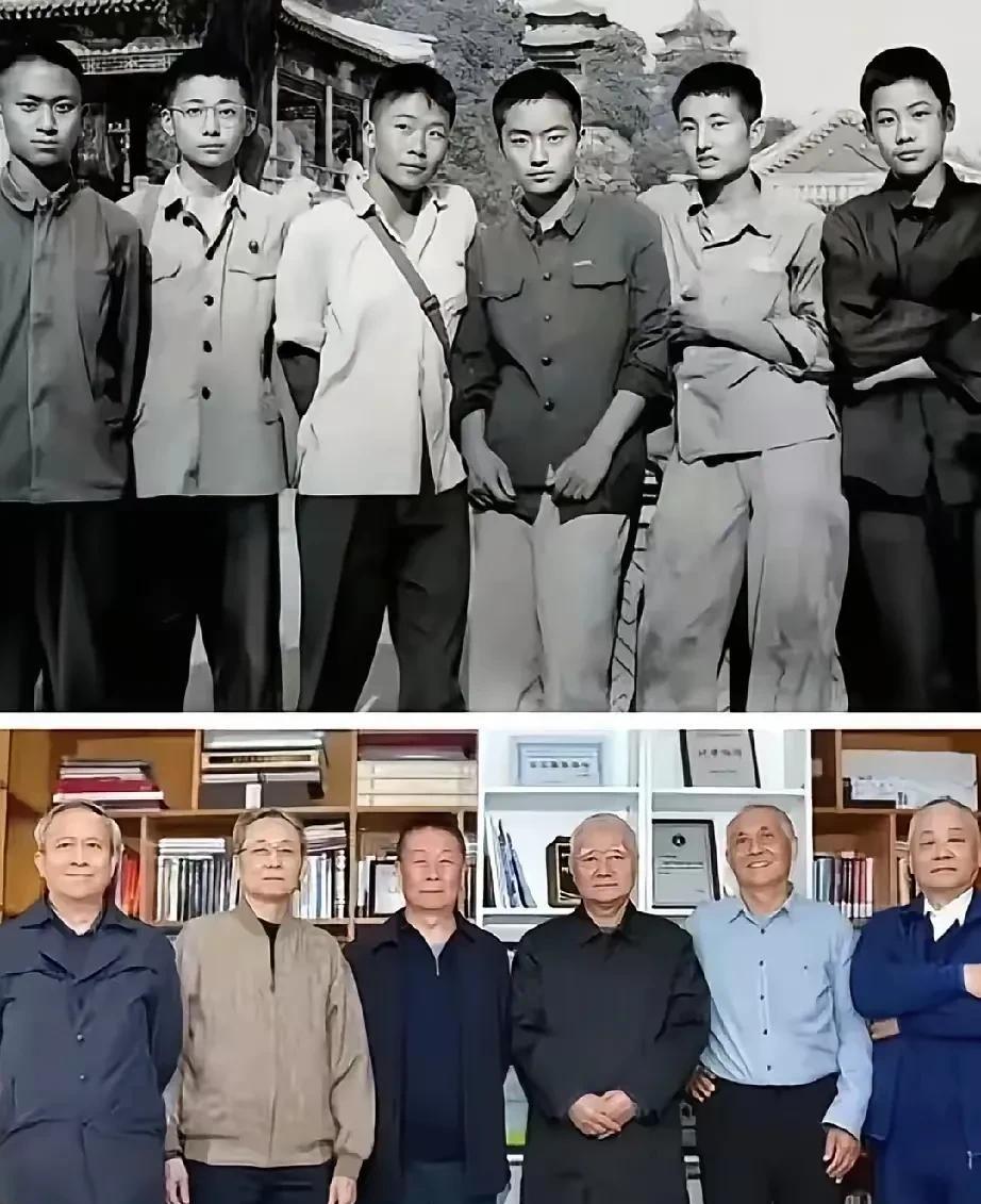 这是6位同学相隔60年的两张合影照，年轻时他们都穿着朴素，满脸稚气，但是朝气蓬勃