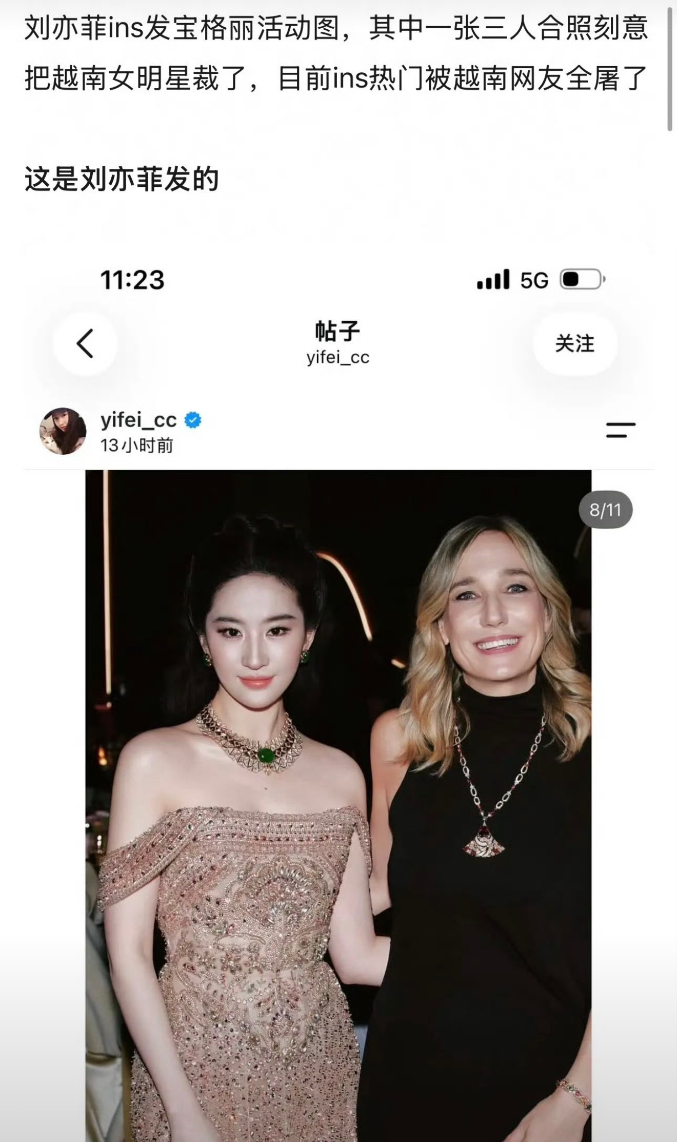 刘亦菲ins发合照结果把越南明星裁掉了然后现在她的ins评论区被越南网友冲了​