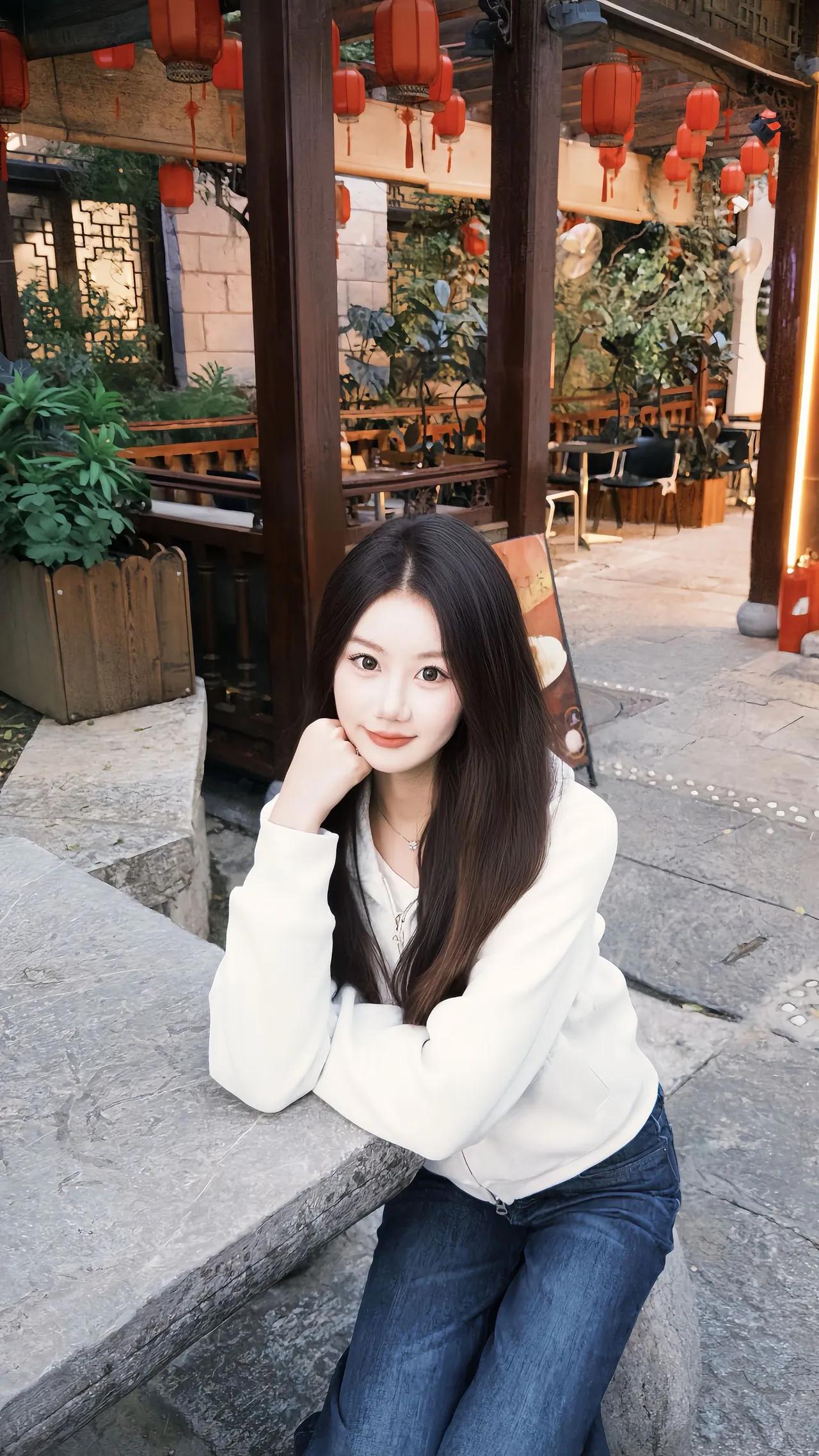 红灯笼下，少女倚栏轻笑，古韵悠长。