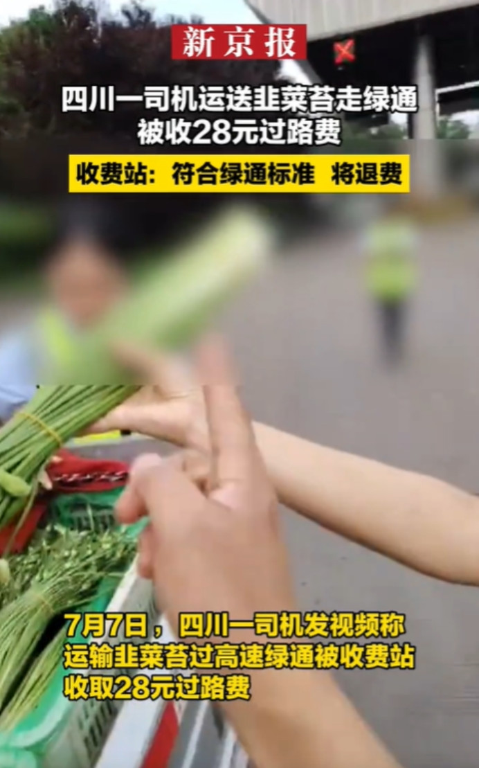四川峨眉，货车司机拉着一车蒜苔过高速收费站绿色通道，收费员检查后，一口咬定这些蒜