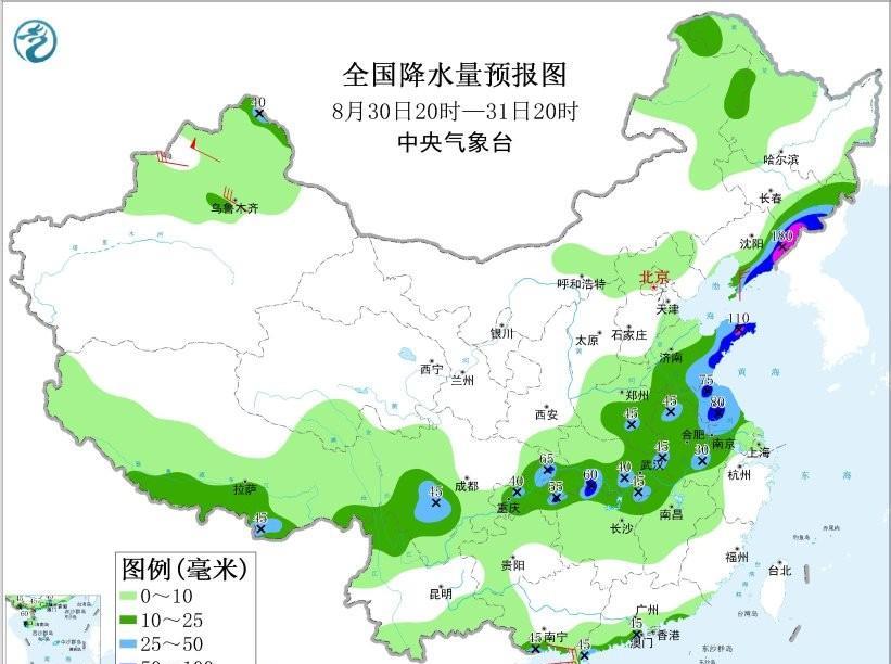 8月30日夜间至9月1日，东北地区东部和北部、黄淮、江淮、江汉、江南北部等地有小