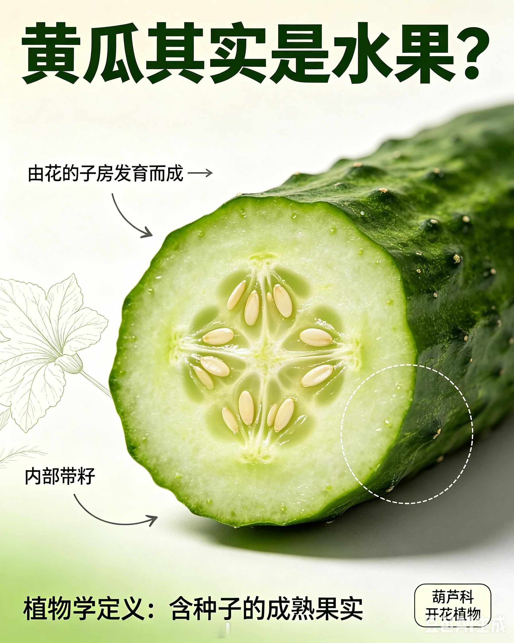 黄瓜从植物学上讲是水果，因为它是开花植物、内部带籽，完全符合“水果”的定义。黄瓜