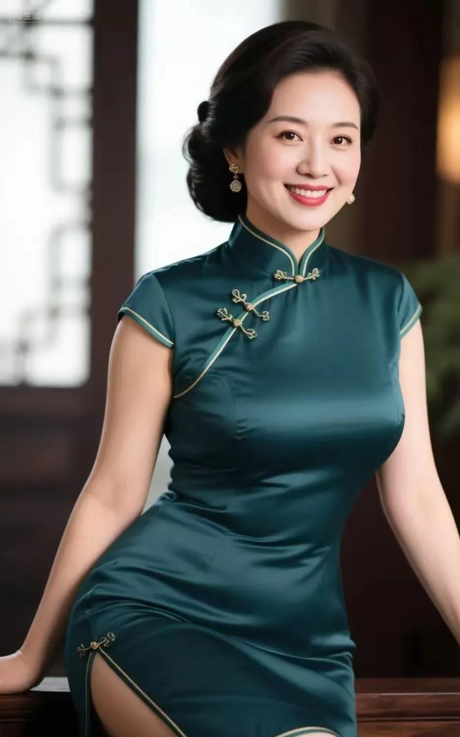 旗袍美妇旗袍裹体韵流芳，圆润娇姿映画堂。娇眼含情呈浅笑，中年丰态自矜妆。