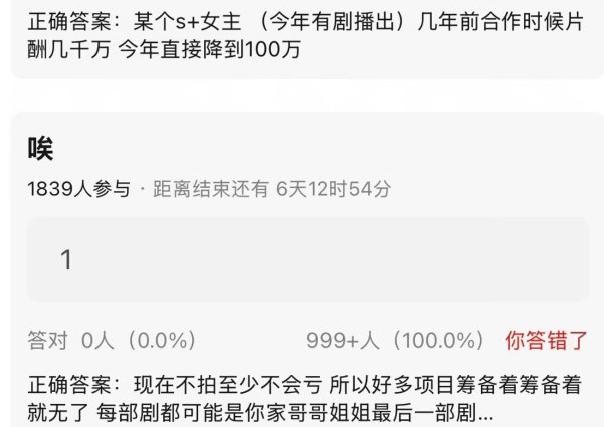 近日网传一位有待播剧某S+的女主片酬从之前的几千万降到了一百万左右，几年前片酬还