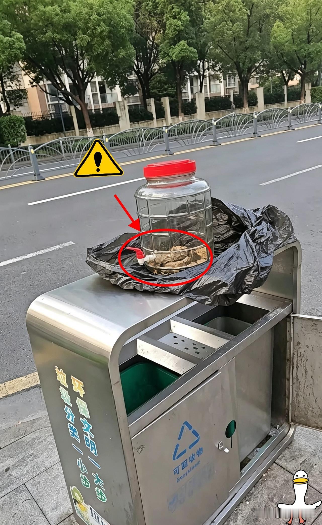 浙江，一男子走在街边，路过一个垃圾桶时，突然，一眼看见桶顶上面摆着大玻璃罐，隔着
