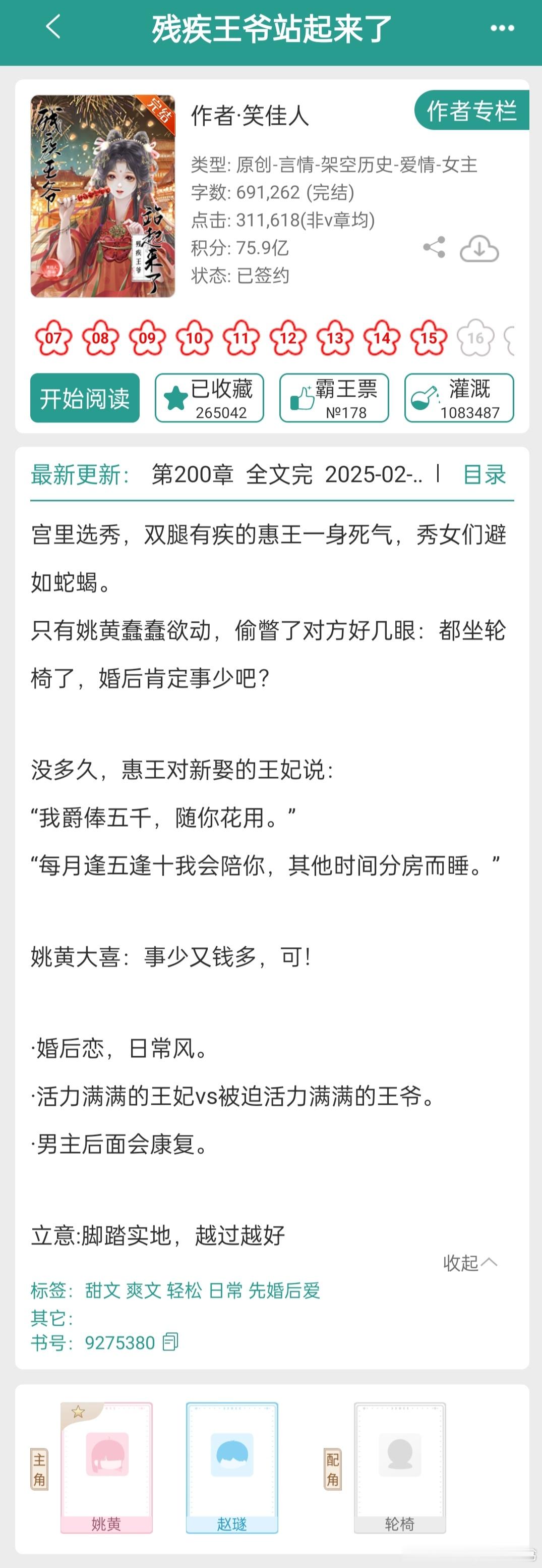 《残疾王爷站起来了》笑佳人全文完结啦，好舍不得呜呜番外也有说再见的一天[抱抱][