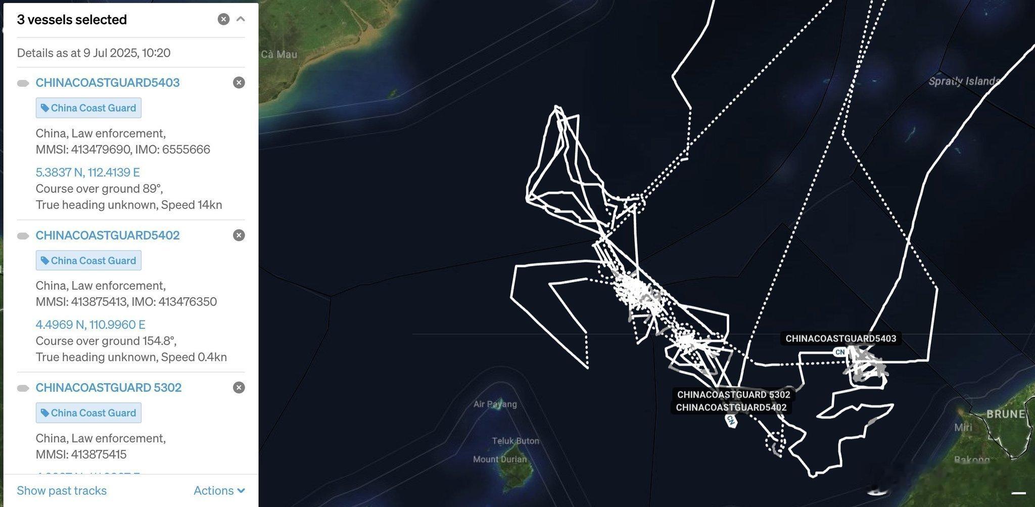 中国海警5403舰、5302舰和5402舰近期在南海西南海域巡航的航迹图：南海态