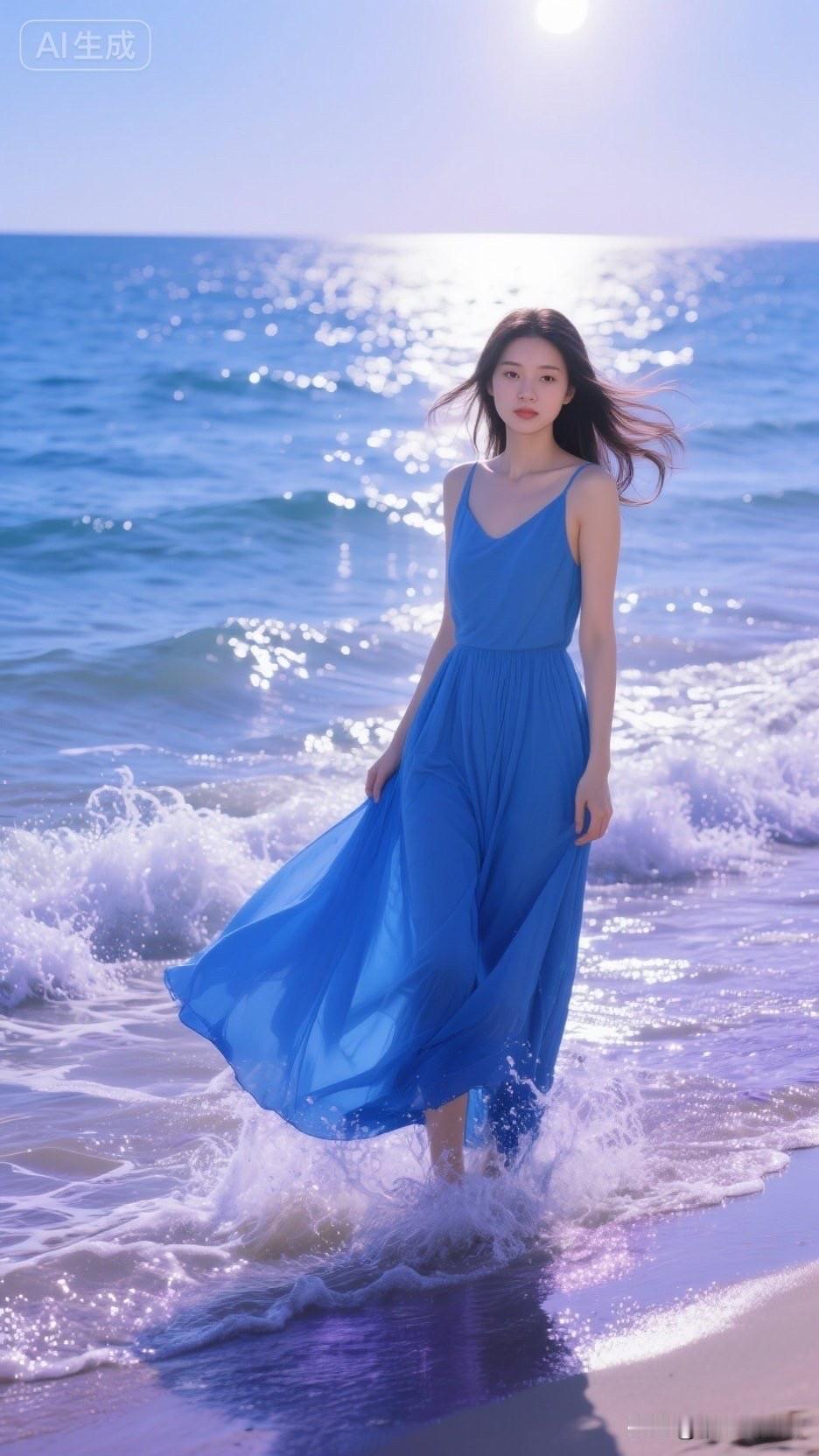 海边漫步，蓝裙飘飘，阳光下的浪漫时光