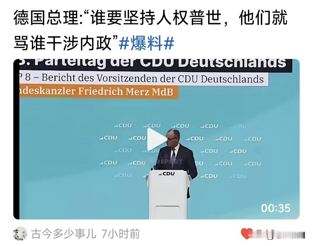 默茨这话在说谁？你只要一提人权和普世，他们就骂你干涉内政！默茨没有点名，但他