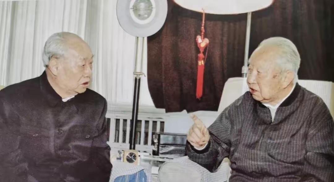 2003年，汪东兴看望华国锋并亲切交谈。汪东兴时年87岁，华国锋时年80岁。两位