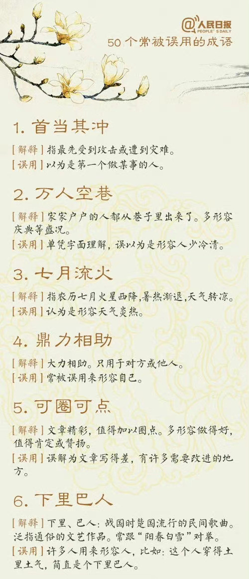 人民日报总结的50个易误用的成语，你都知道吗？​​​