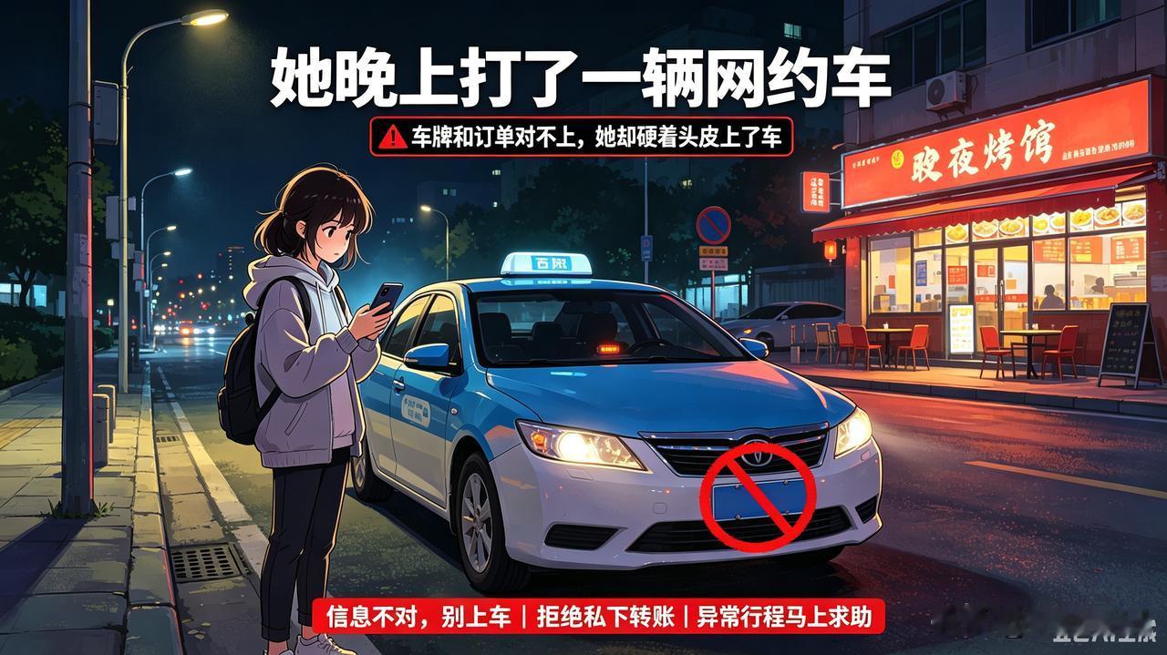 她只是晚上打了一辆网约车，却没想到，车牌和平台订单对不上。司机说：“我两
