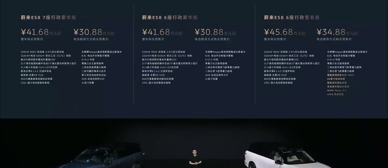 NT3.0蔚来ES8发布[思考]整车购买预售价41.68-45.68万元，9月下