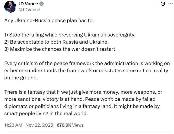 万斯：任何乌俄和平计划都必须做到：(1)在保全乌克兰主权的前提下停止杀戮。