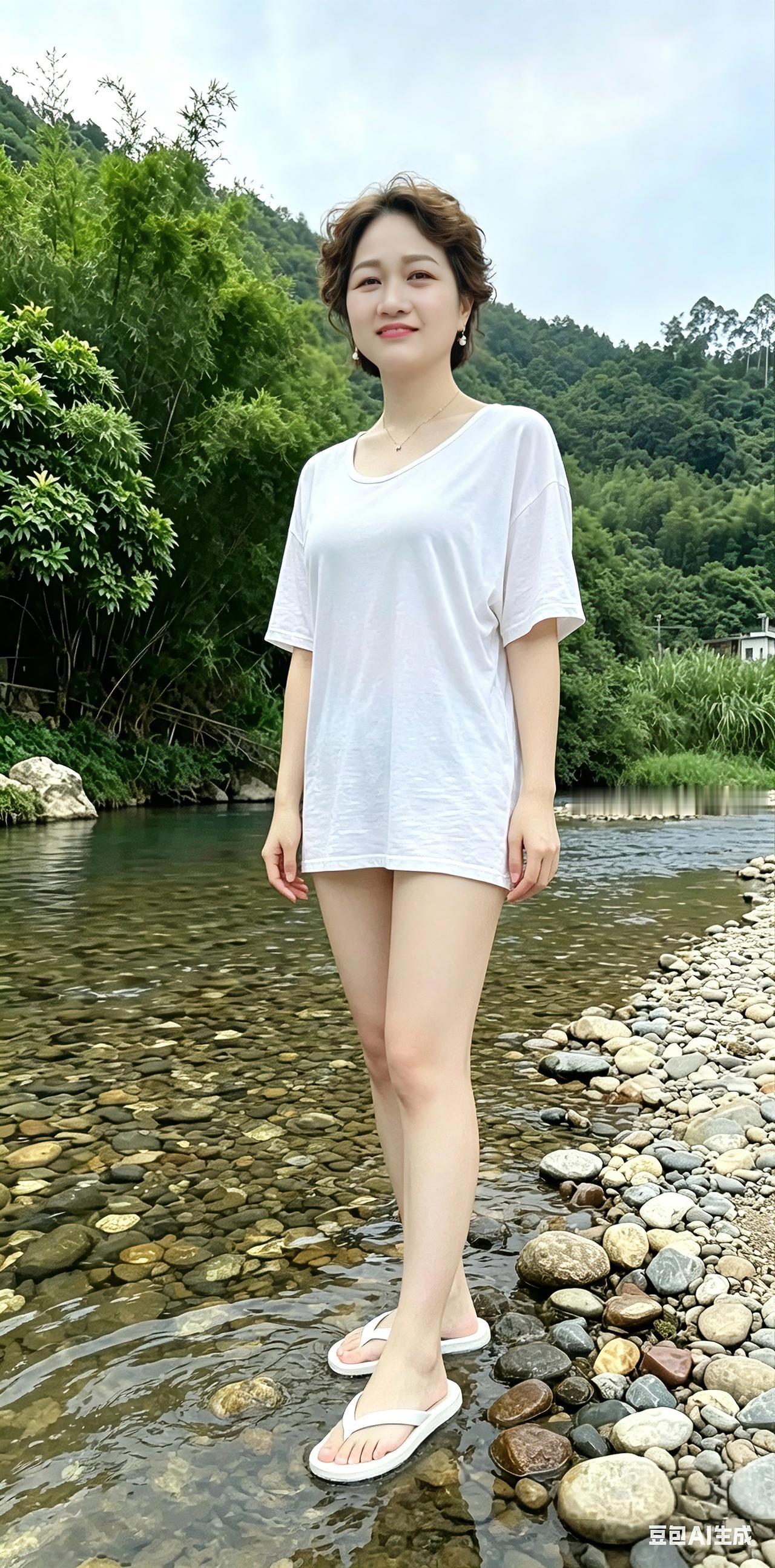 戏作小诗青山叠翠伴溪流，浅石滩头倩影留。素白衣衫清韵秀，卷发含笑意温柔。