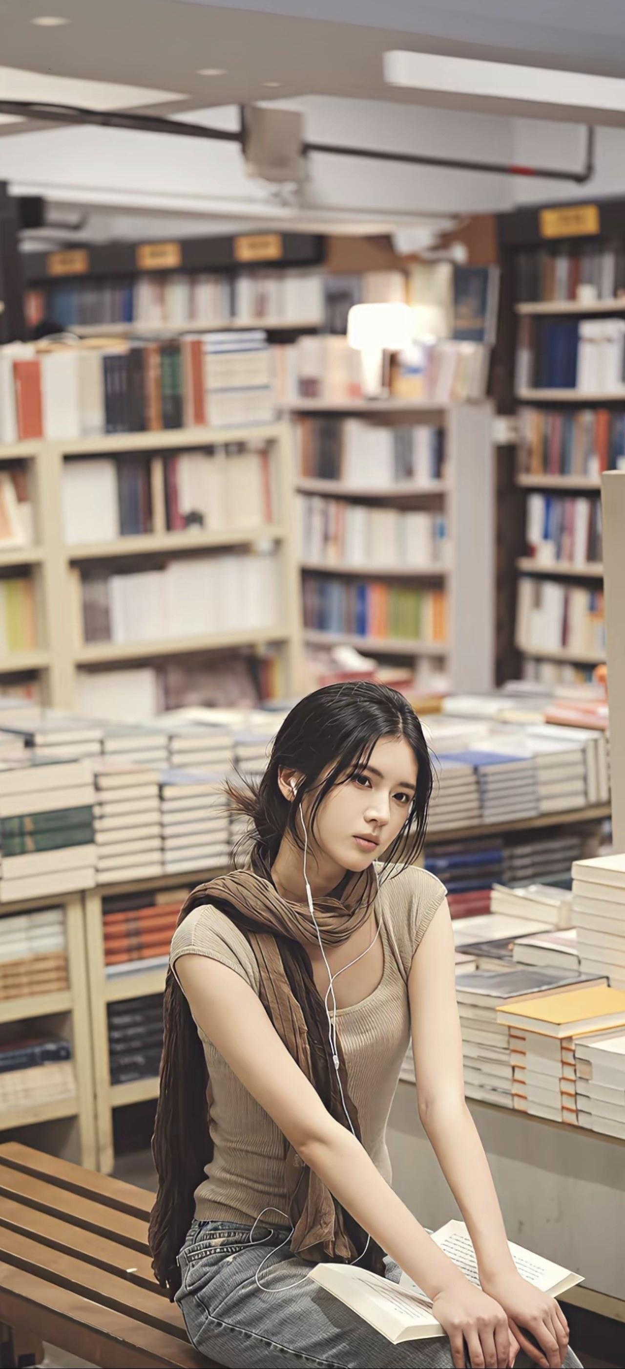 女孩在书店长椅上看书听音乐。