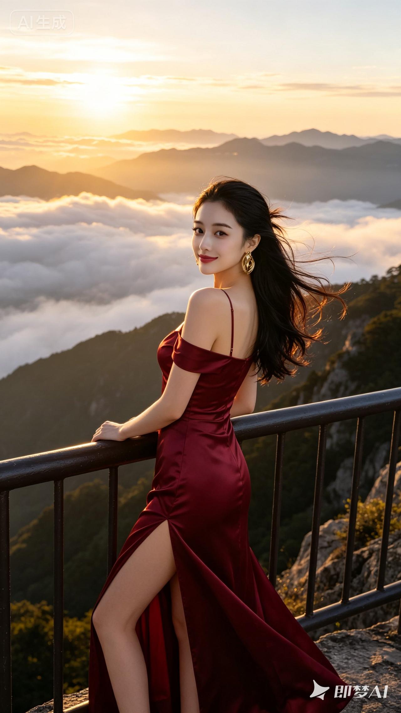 夕阳下的红裙仙子，云海中的优雅姿态