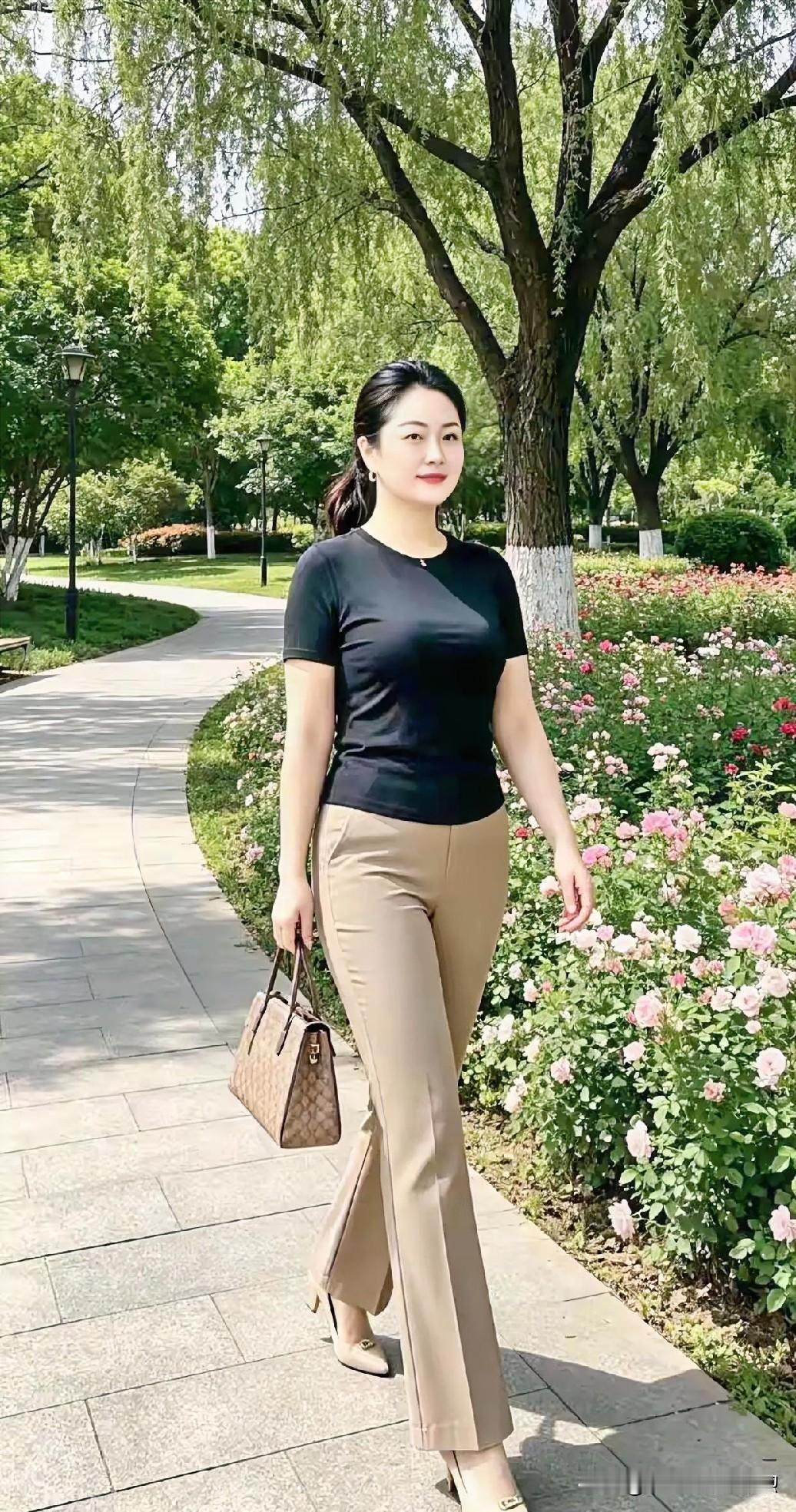 林荫小径，黑与卡其交织优雅步调。手提经典，漫步花间，演绎都市女性的从容风姿。