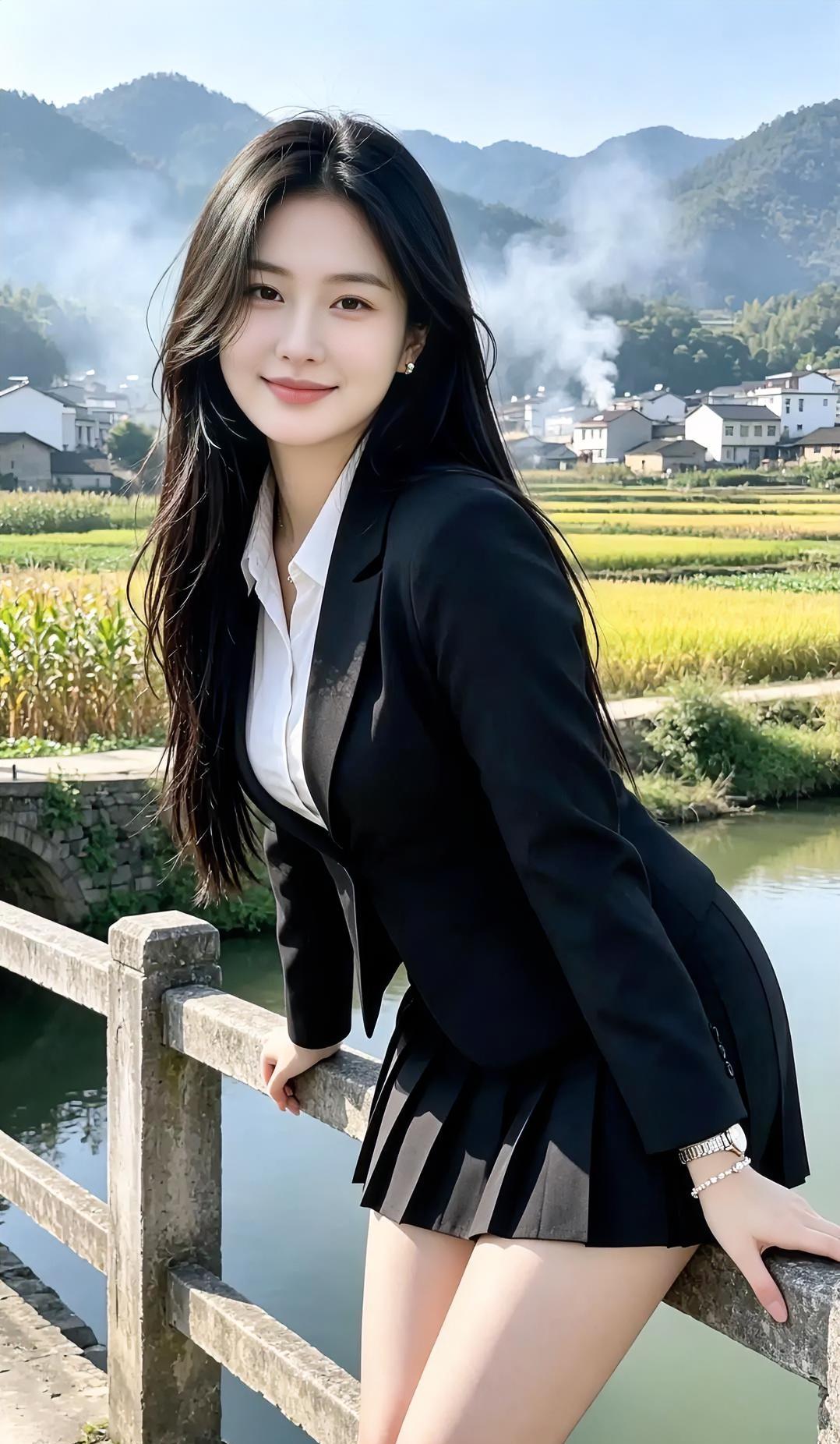 《桥畔秋光》黑西装利落，衬白衬衫清爽，长发微扬，笑意暖如秋阳。轻倚石