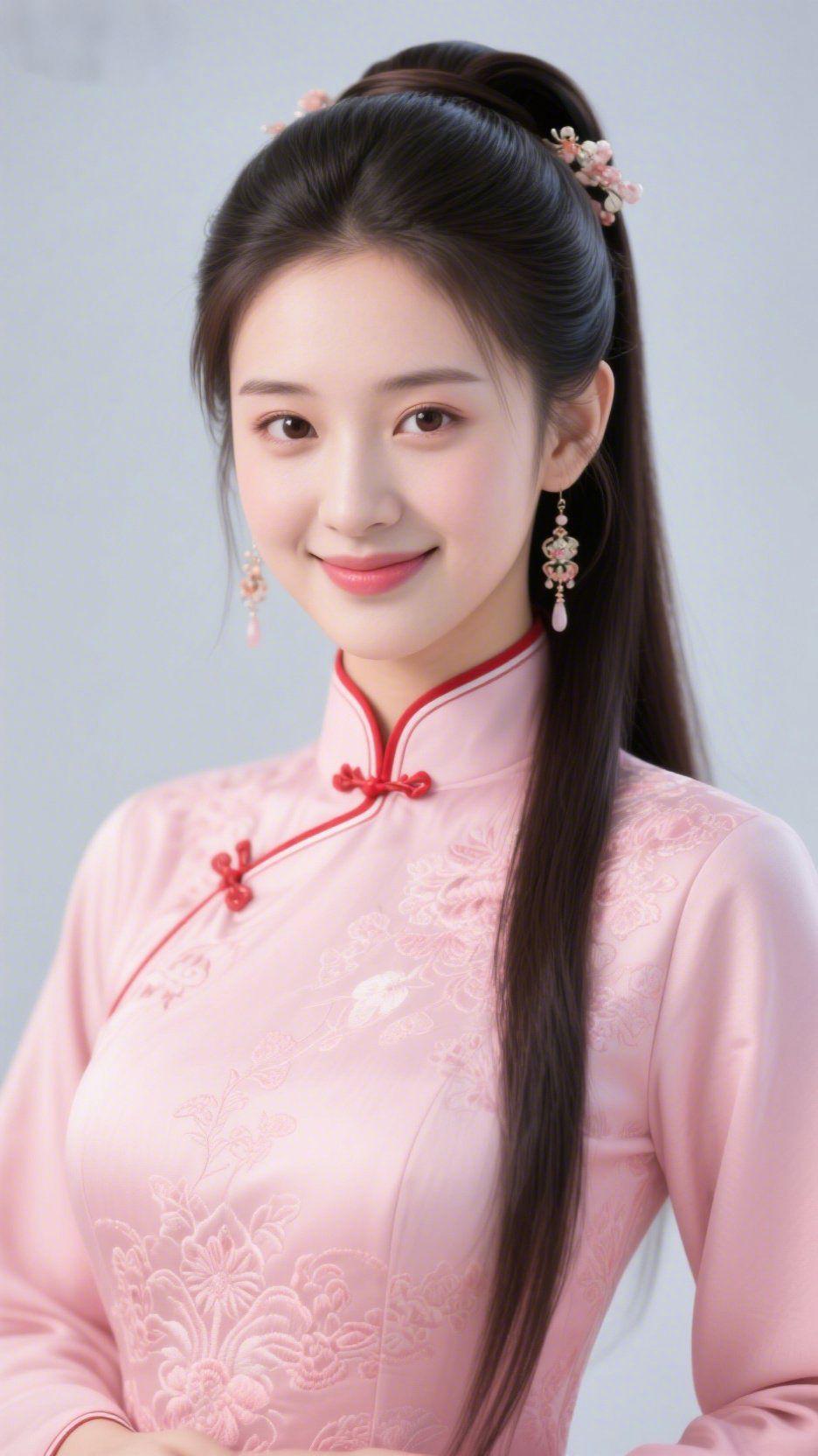 粉襟里的雅韵轻柔淡粉旗袍裹着润软的光，绣纹似将春枝轻织入衣料，朱红盘扣作恰