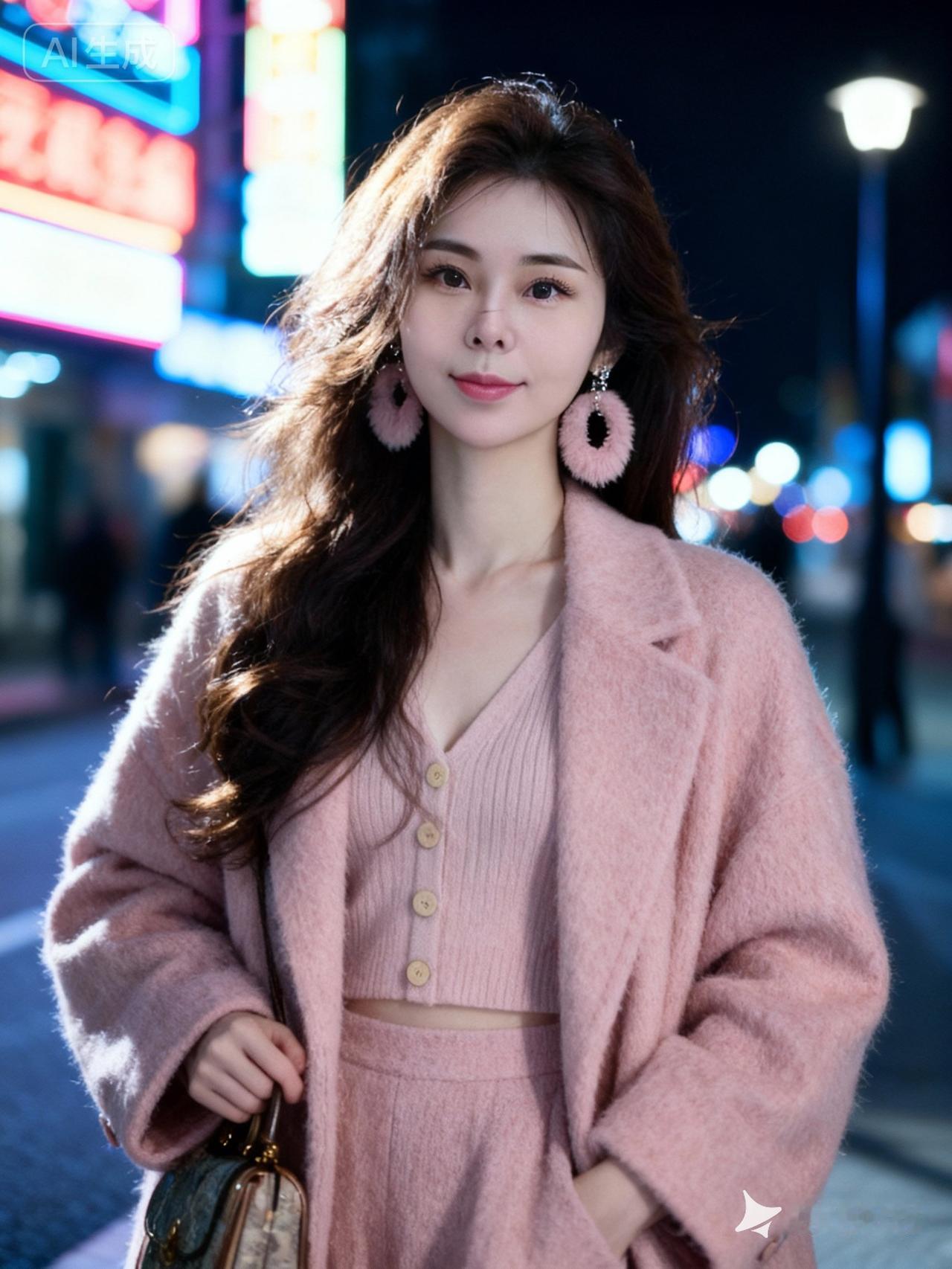 夜晚的街头，微风拂过可可棕色长卷发，发丝在昏黄光影中轻微飘逸。美女身着淡粉丝色针