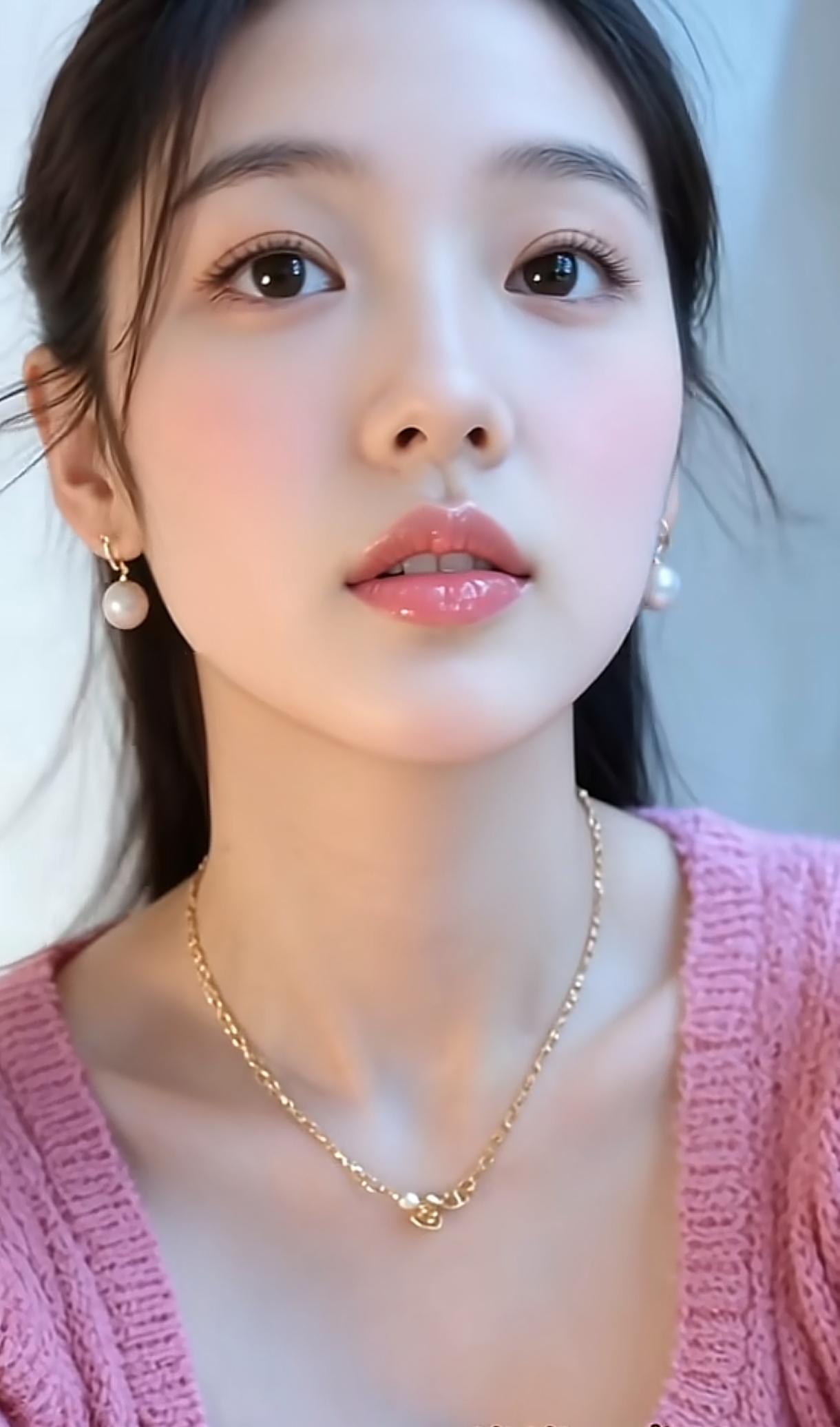 温柔粉毛衣搭配珍珠耳环，少女心满满！💖✨分享绝美美女珍珠项链配毛衣