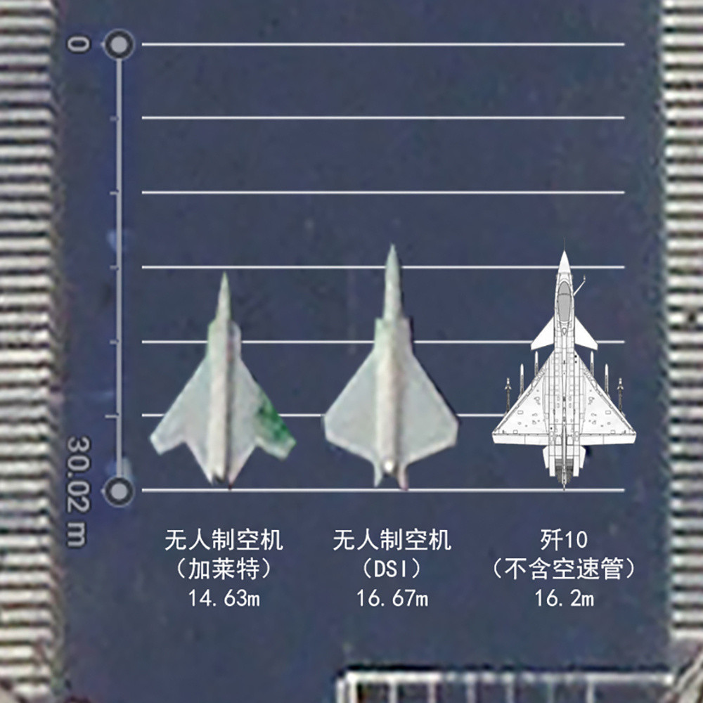 用斑马线拉的参考比例。无人制空机的大概尺寸。DSI版更大，比歼10还大；加莱特版