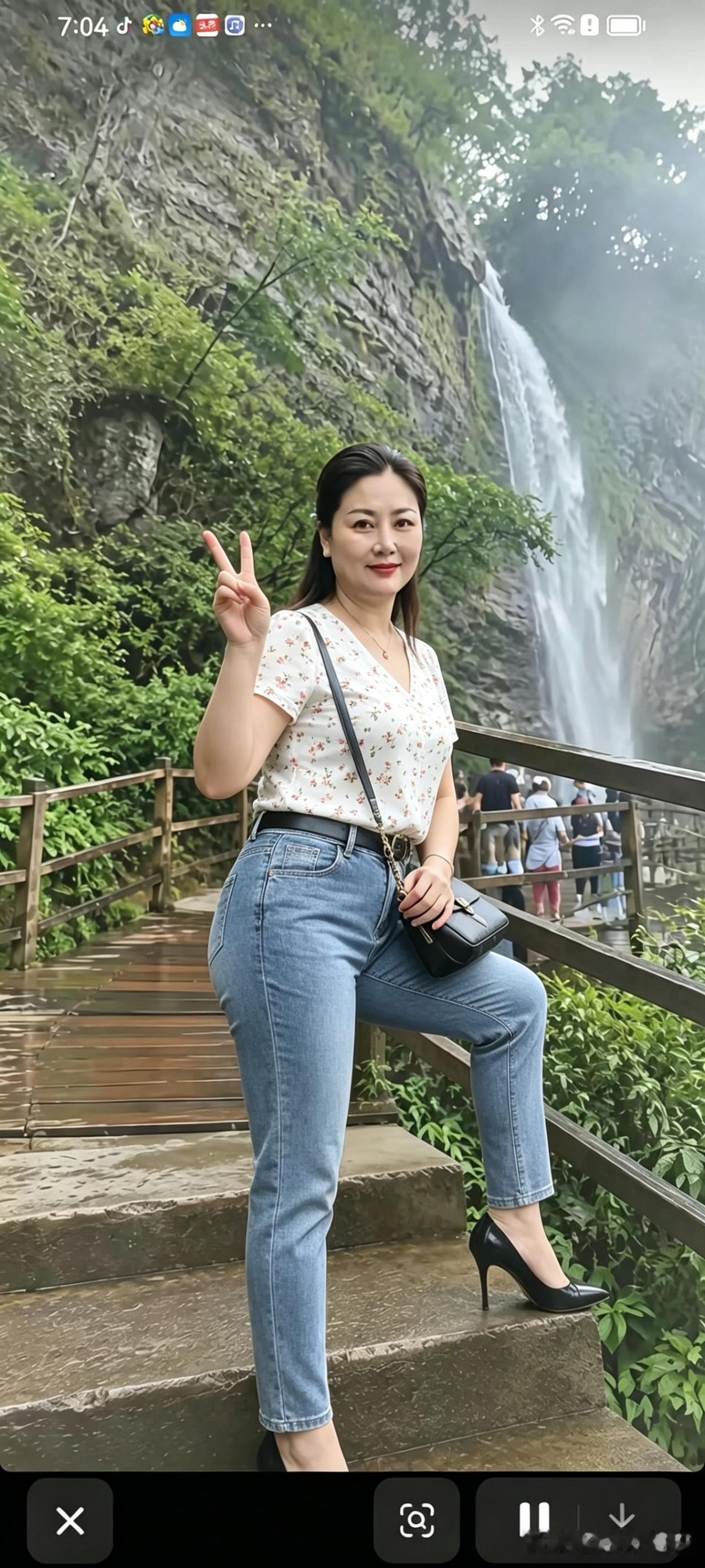 崖壁飞瀑藏在密林间，水雾漫满木栈道，自带天然清凉感整块陡峭岩壁劈开一道水幕