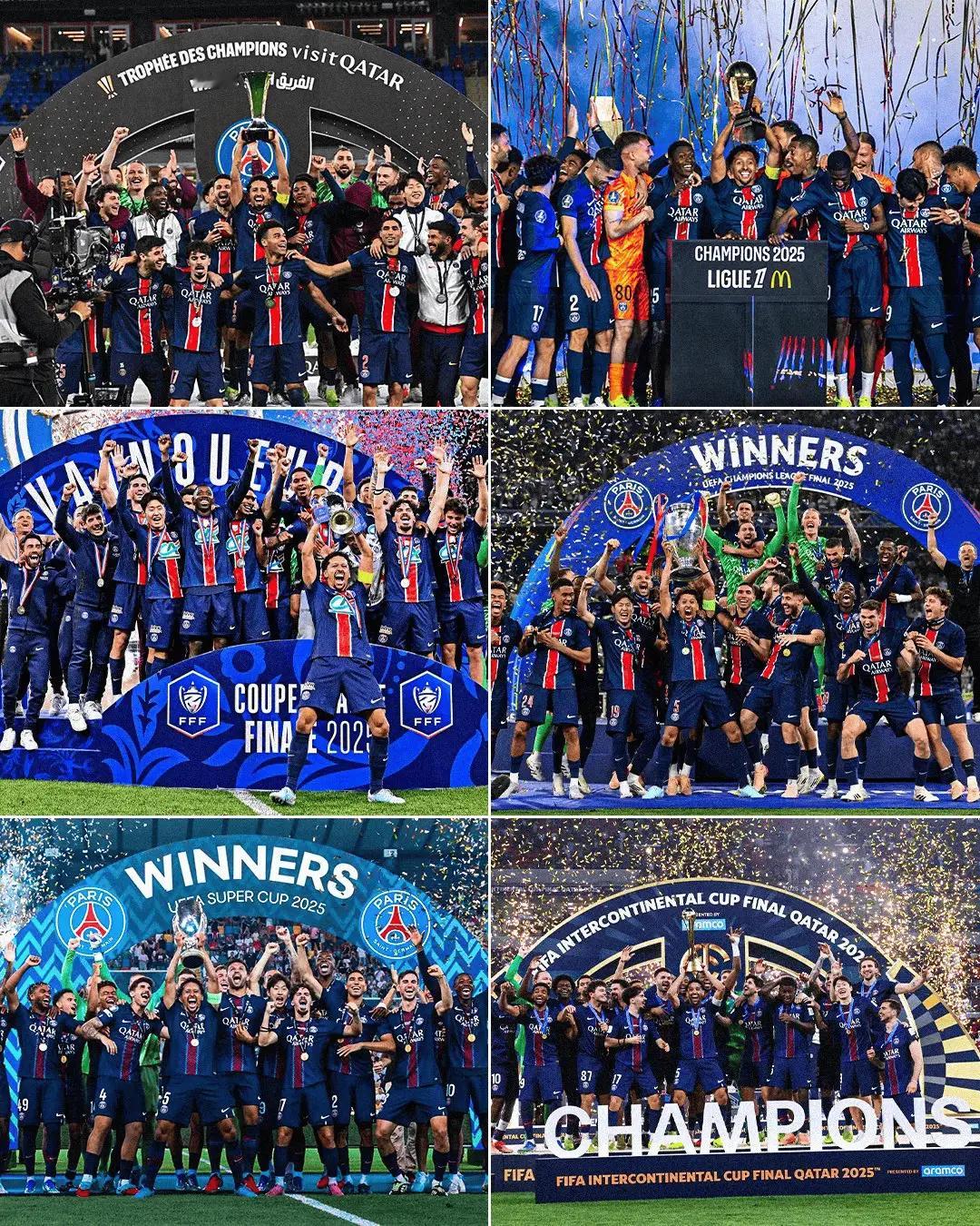 欧冠随着这座奖杯入账，巴黎也在2025自然年集齐六冠，成为继（2009）、拜