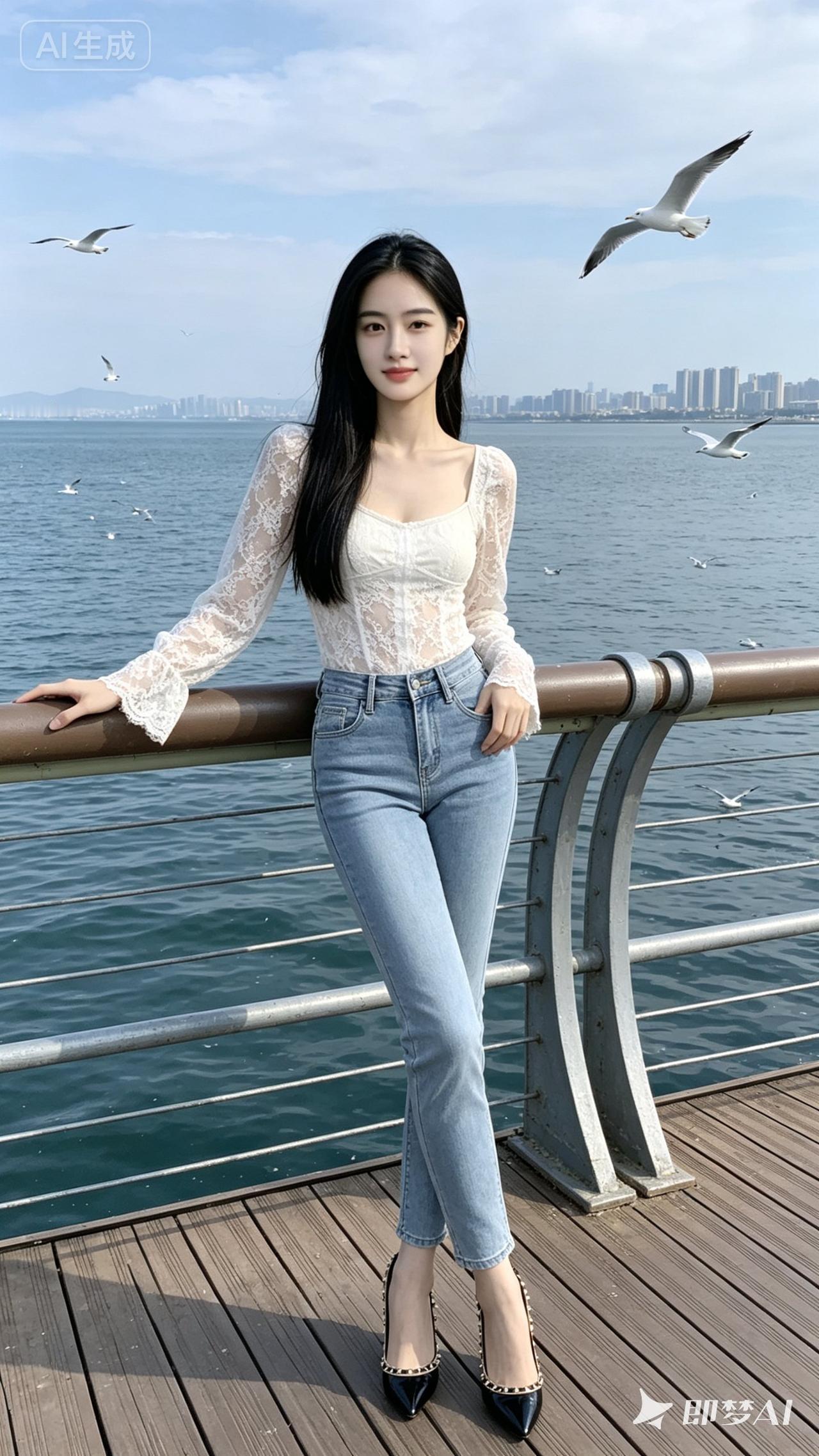 一个女孩在海边拍照，风景很美。