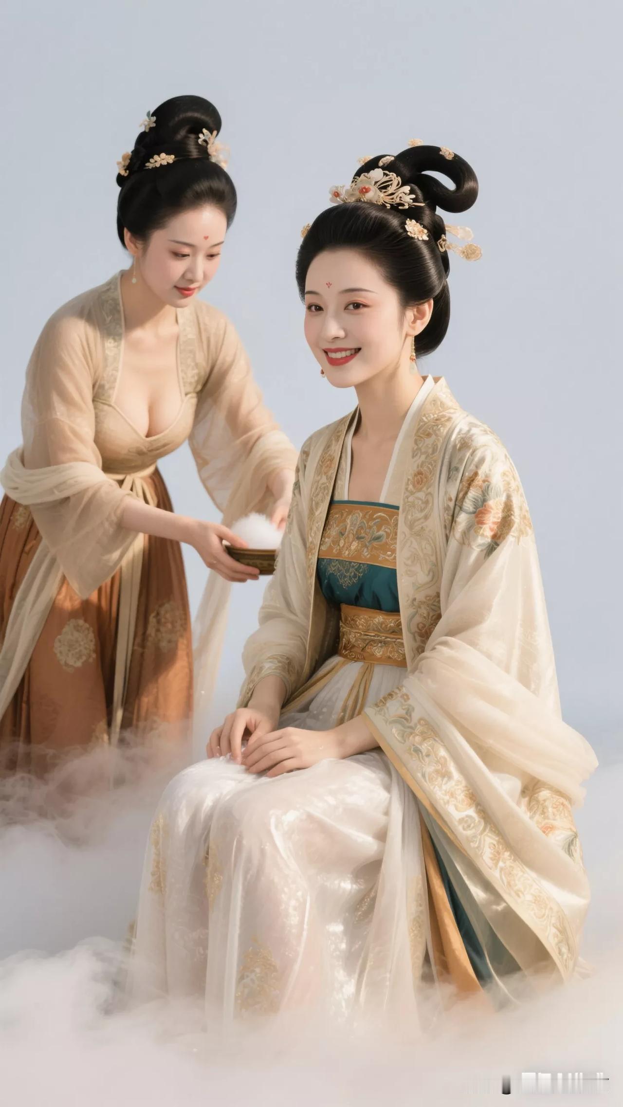 古风美女沐浴图，云雾缭绕，韵味十足张立启原创书画AI作品古仕女发髻服饰集锦首发第