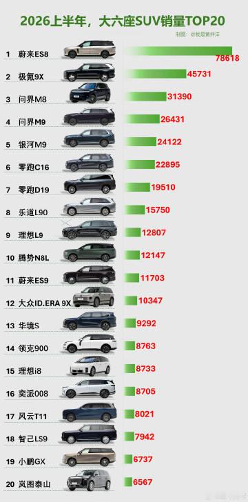 2026年上半年大六座SUV销量TOP20 ： 今年上半年最具潜力的大...