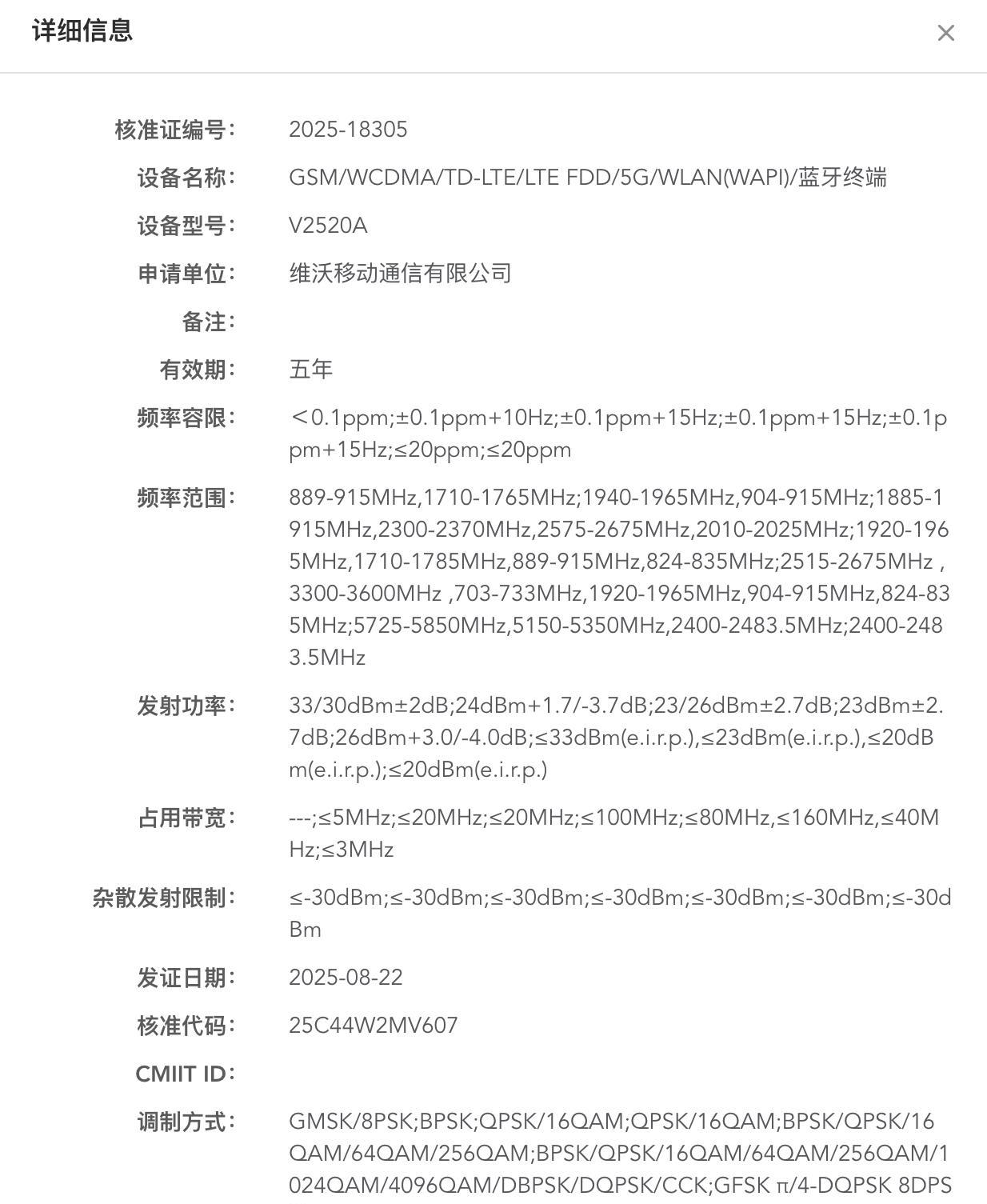 iQOONeo11通过国家质量认证，型号V2520A，搭载骁龙8至尊版