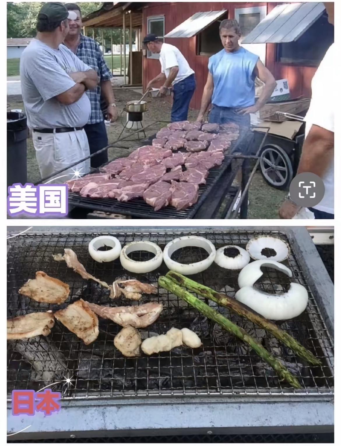 看了美国人的烤肉之后，日本人破防了上图是美国的家庭烤肉，牛肉肉量非常多，但是没
